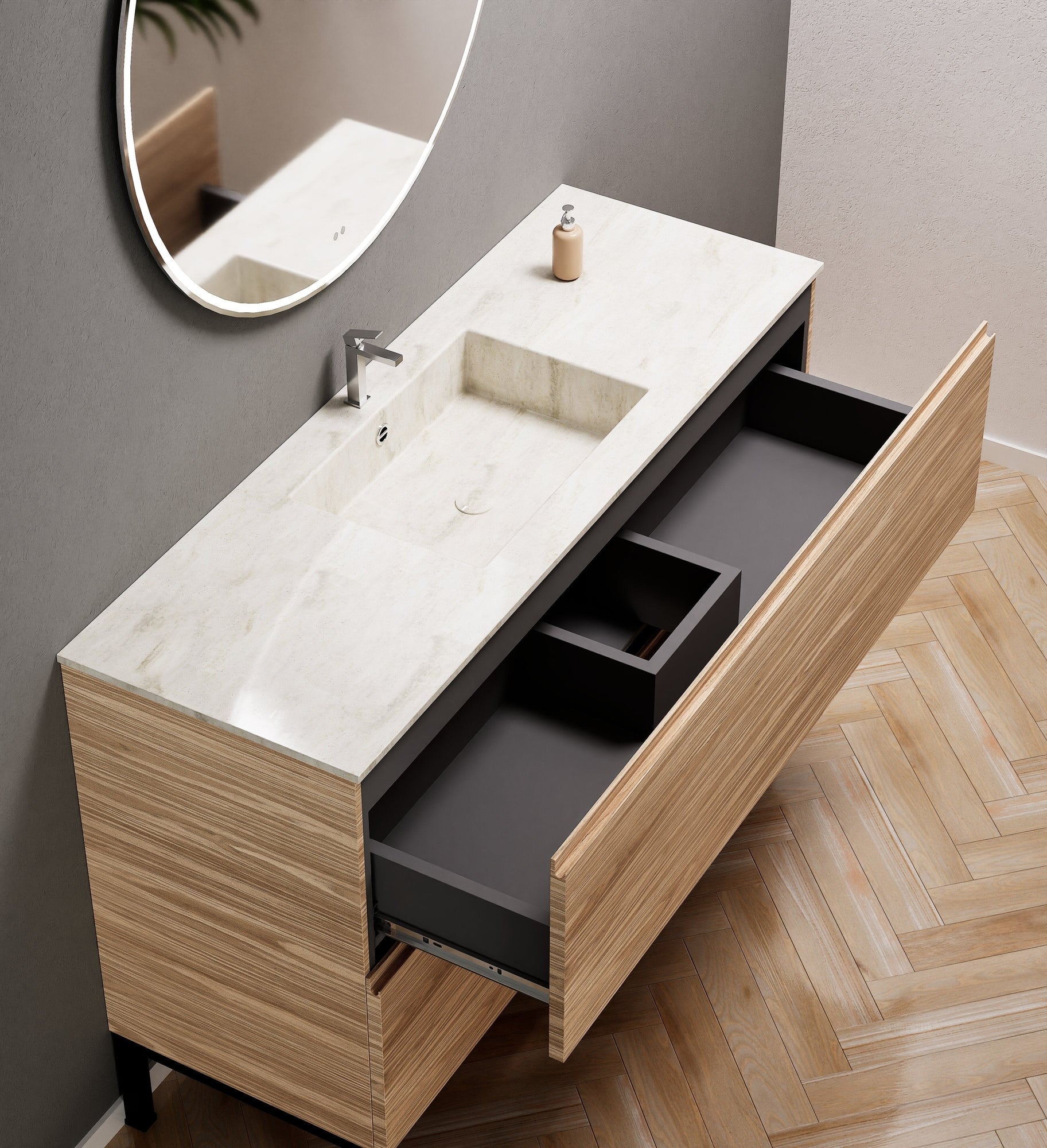 Aurora Single Set With Supporting Legs – Corian Sink & Countertop with 2 Drawers Vanity - ROVALUX