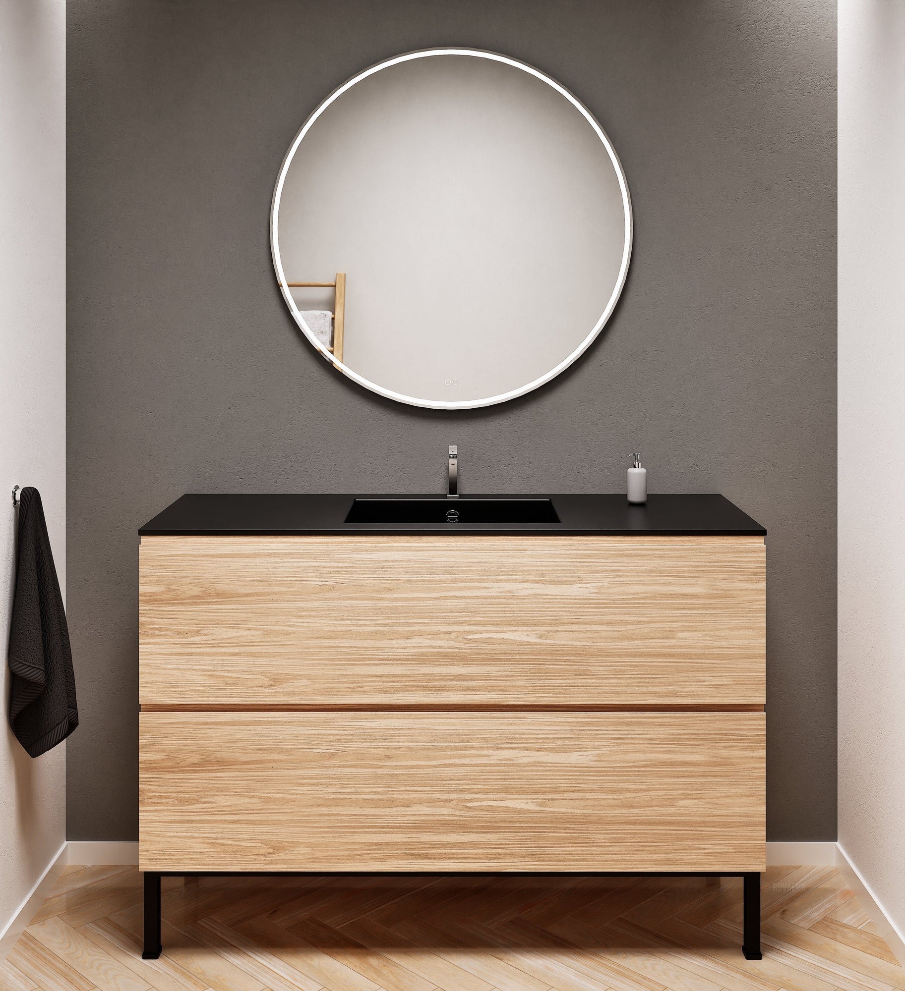 Aurora Single Set With Supporting Legs – Corian Sink & Countertop with 2 Drawers Vanity - ROVALUX