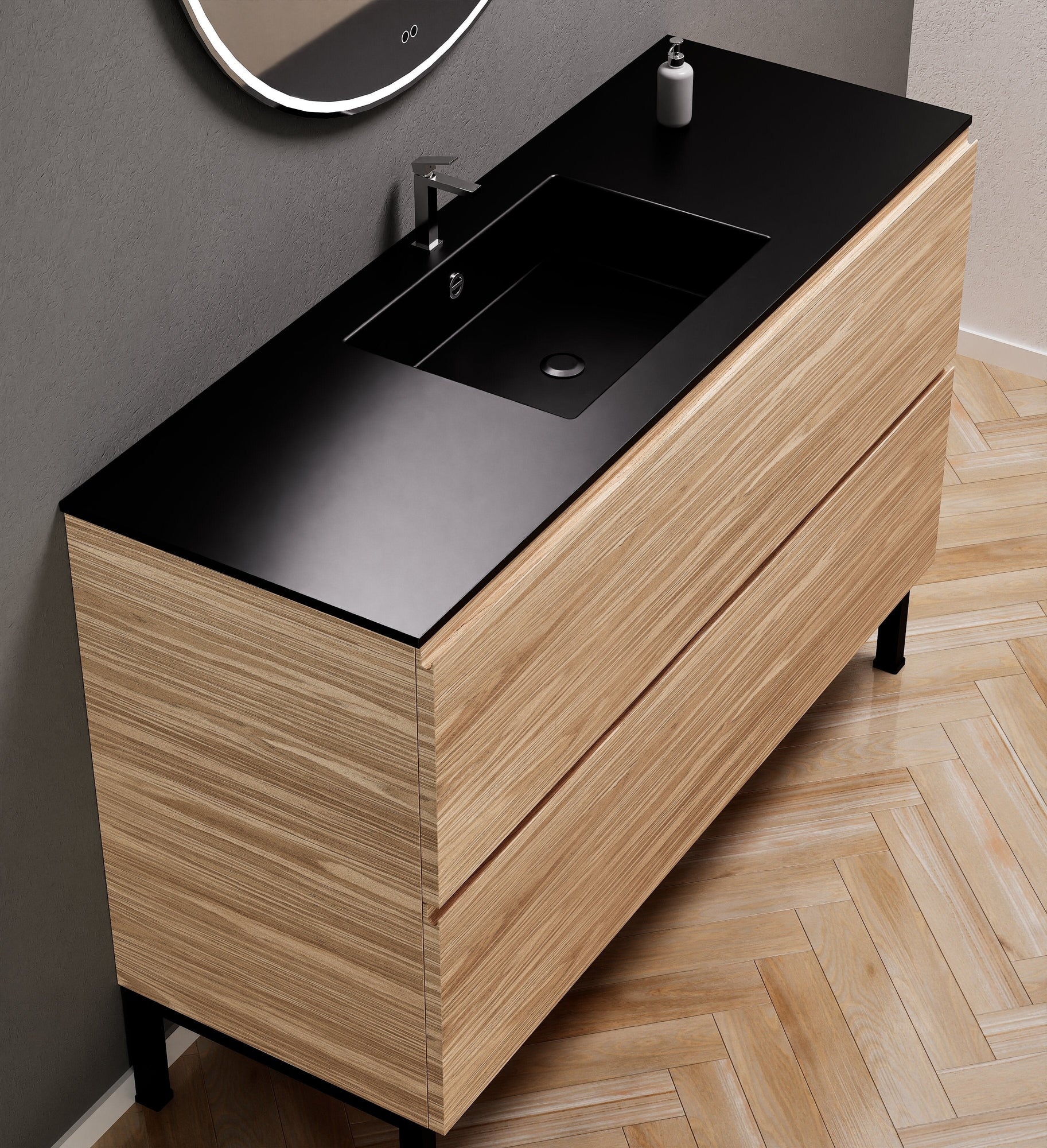 Aurora Single Set With Supporting Legs – Corian Sink & Countertop with 2 Drawers Vanity - ROVALUX