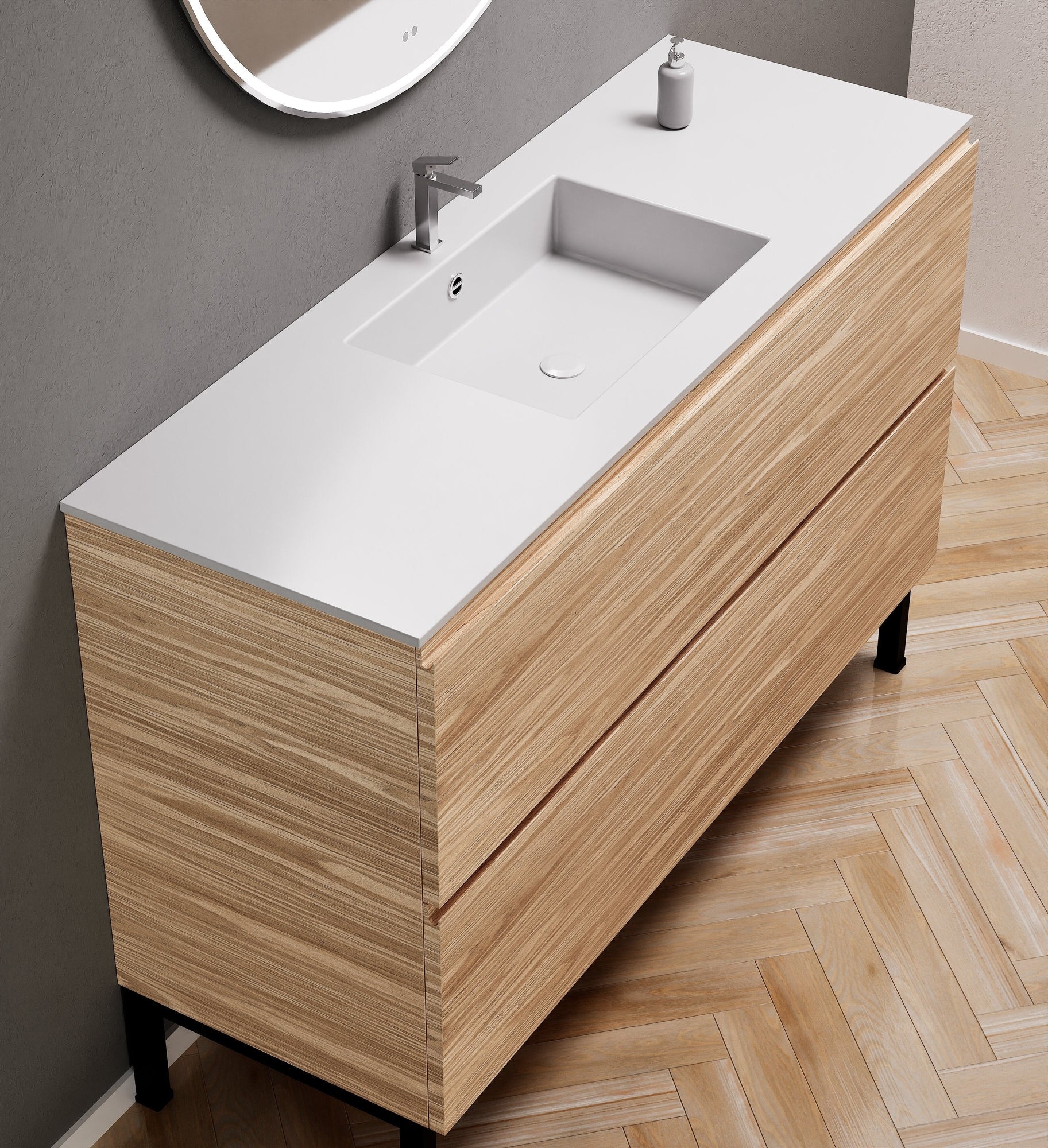 Aurora Single Set With Supporting Legs – Corian Sink & Countertop with 2 Drawers Vanity - ROVALUX