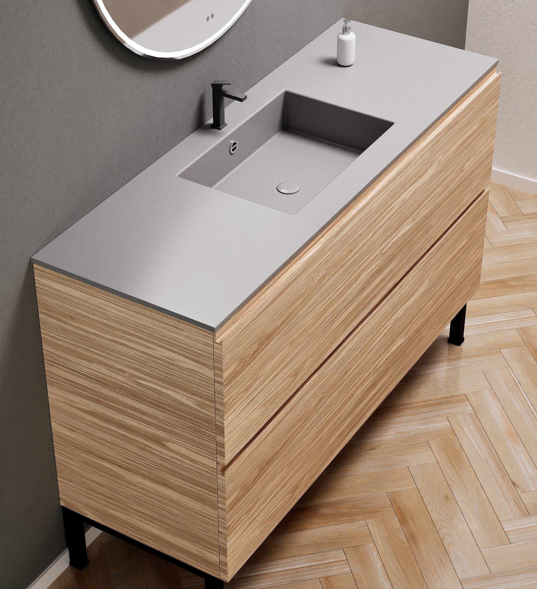Aurora Single Set With Supporting Legs – Corian Sink & Countertop with 2 Drawers Vanity - ROVALUX