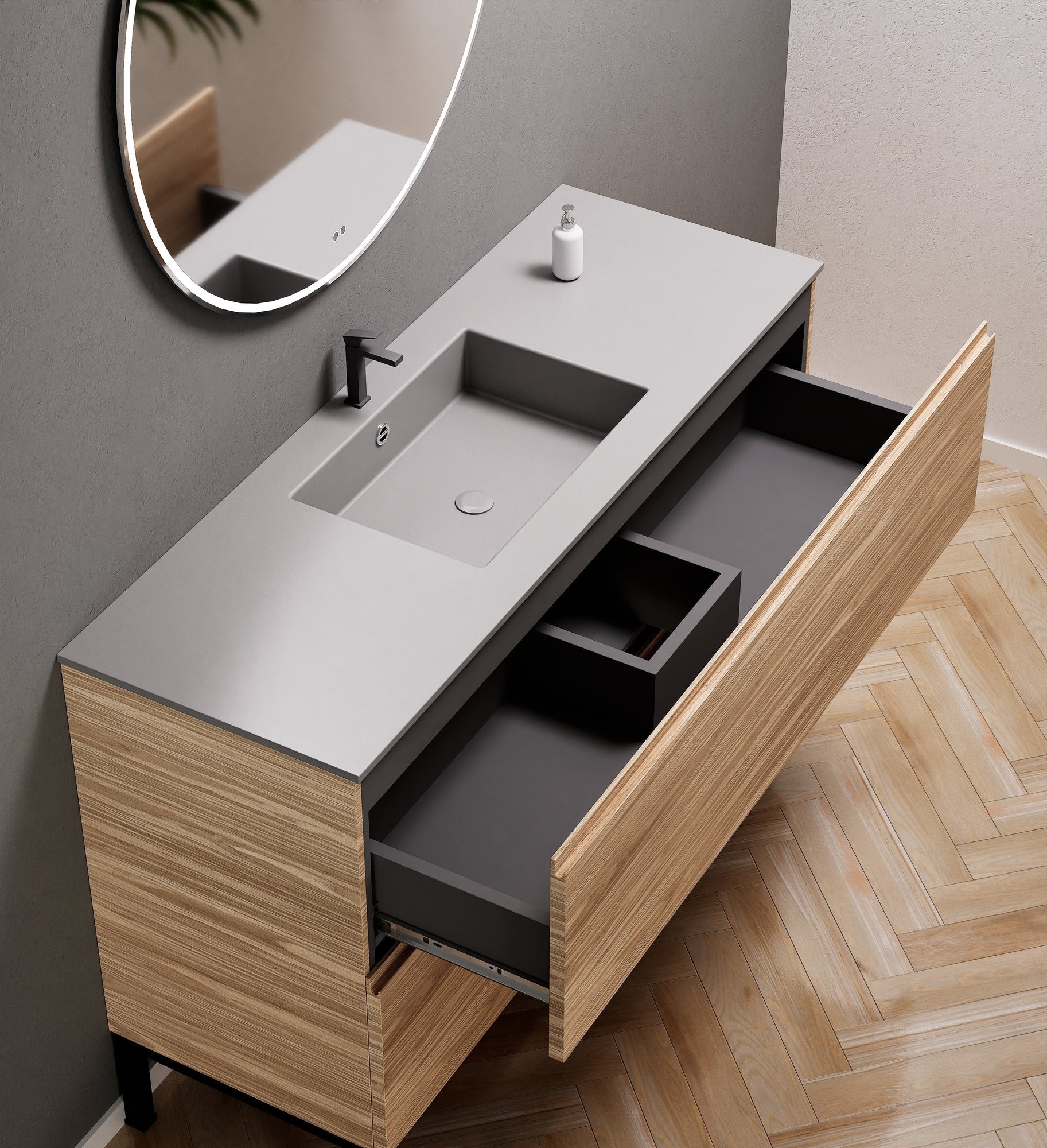 Aurora Single Set With Supporting Legs – Corian Sink & Countertop with 2 Drawers Vanity - ROVALUX