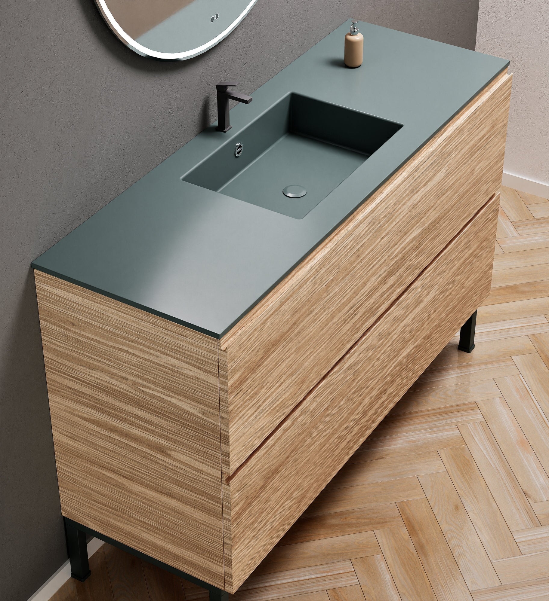 Aurora Single Set With Supporting Legs – Corian Sink & Countertop with 2 Drawers Vanity - ROVALUX