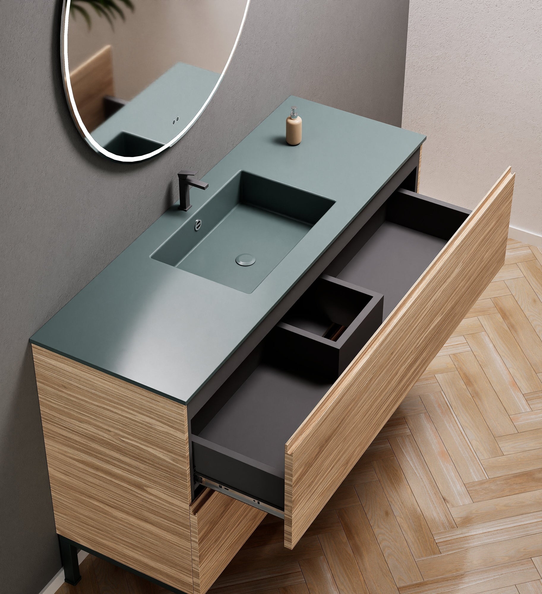 Aurora Single Set With Supporting Legs – Corian Sink & Countertop with 2 Drawers Vanity - ROVALUX