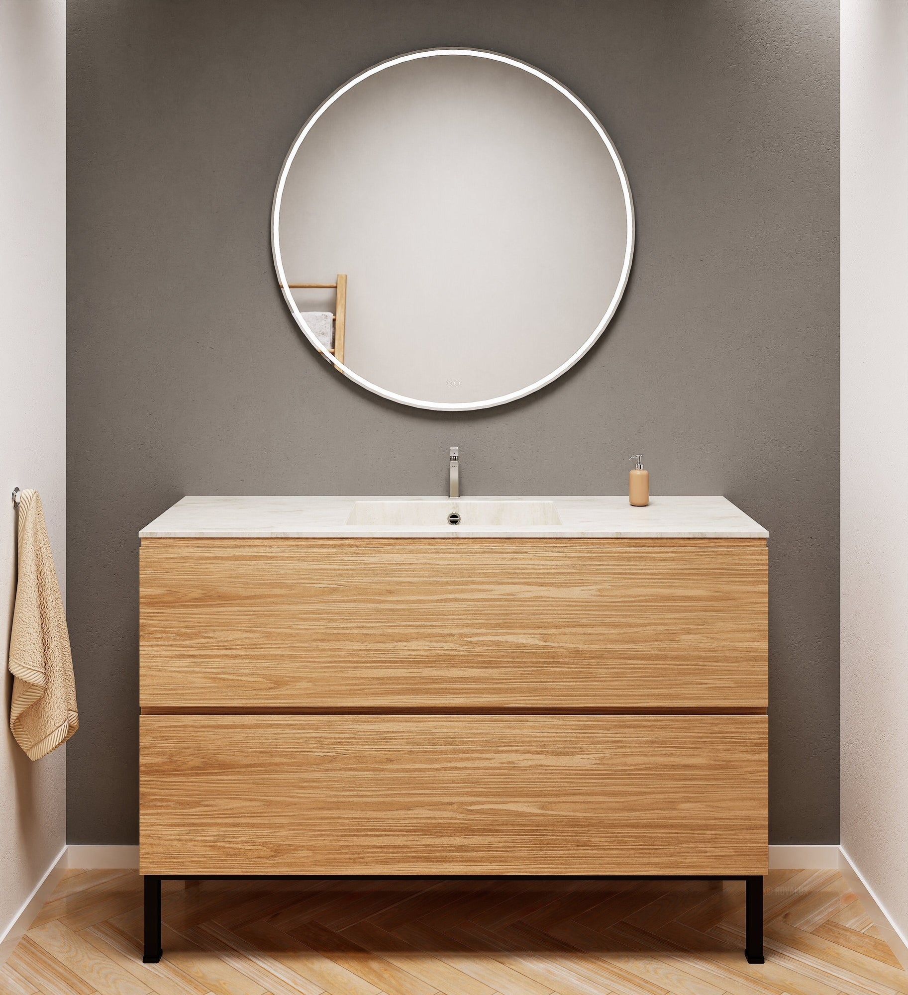 Aurora Single Set With Supporting Legs – Corian Sink & Countertop with 2 Drawers Vanity - ROVALUX