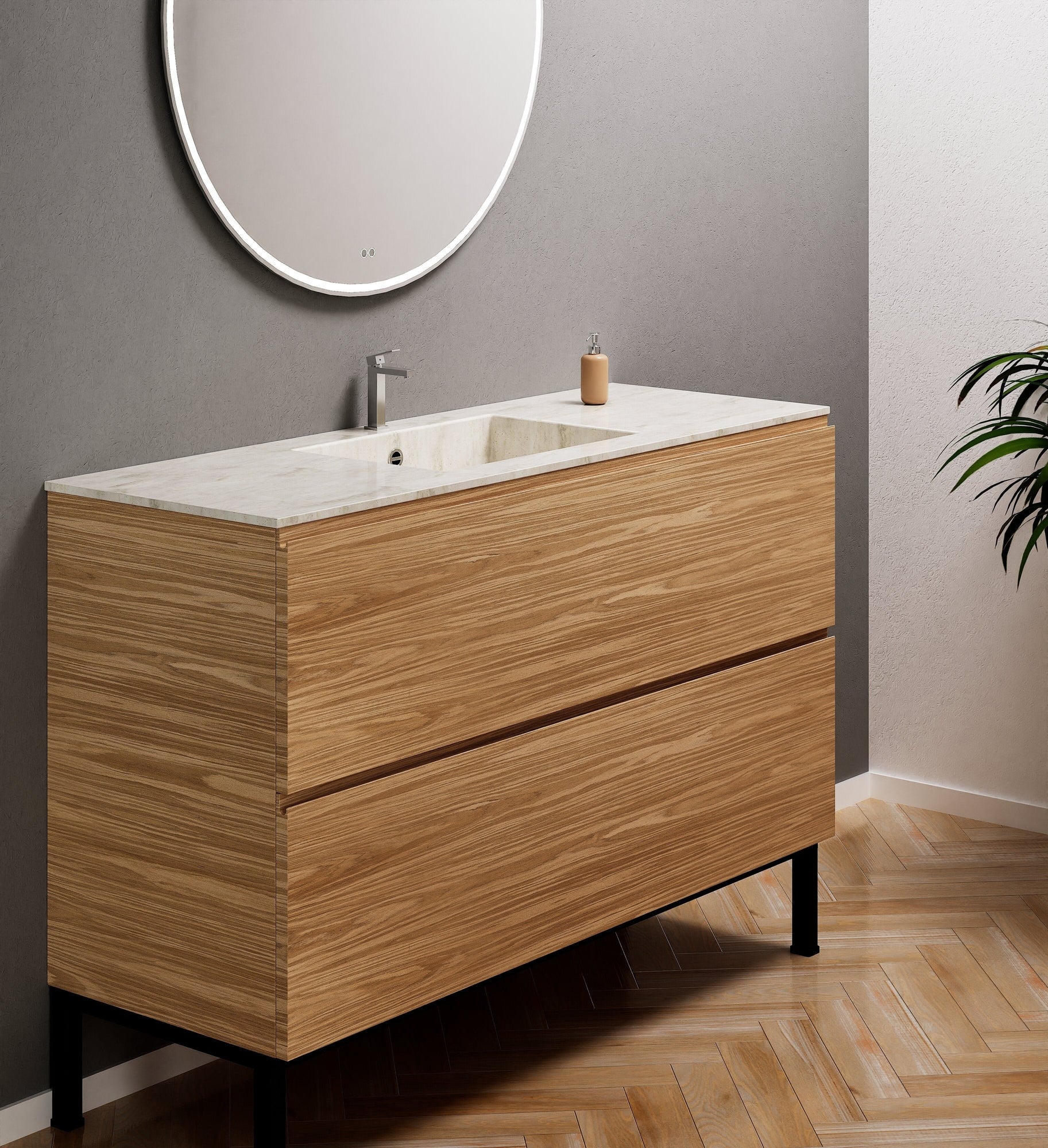 Aurora Single Set With Supporting Legs – Corian Sink & Countertop with 2 Drawers Vanity - ROVALUX