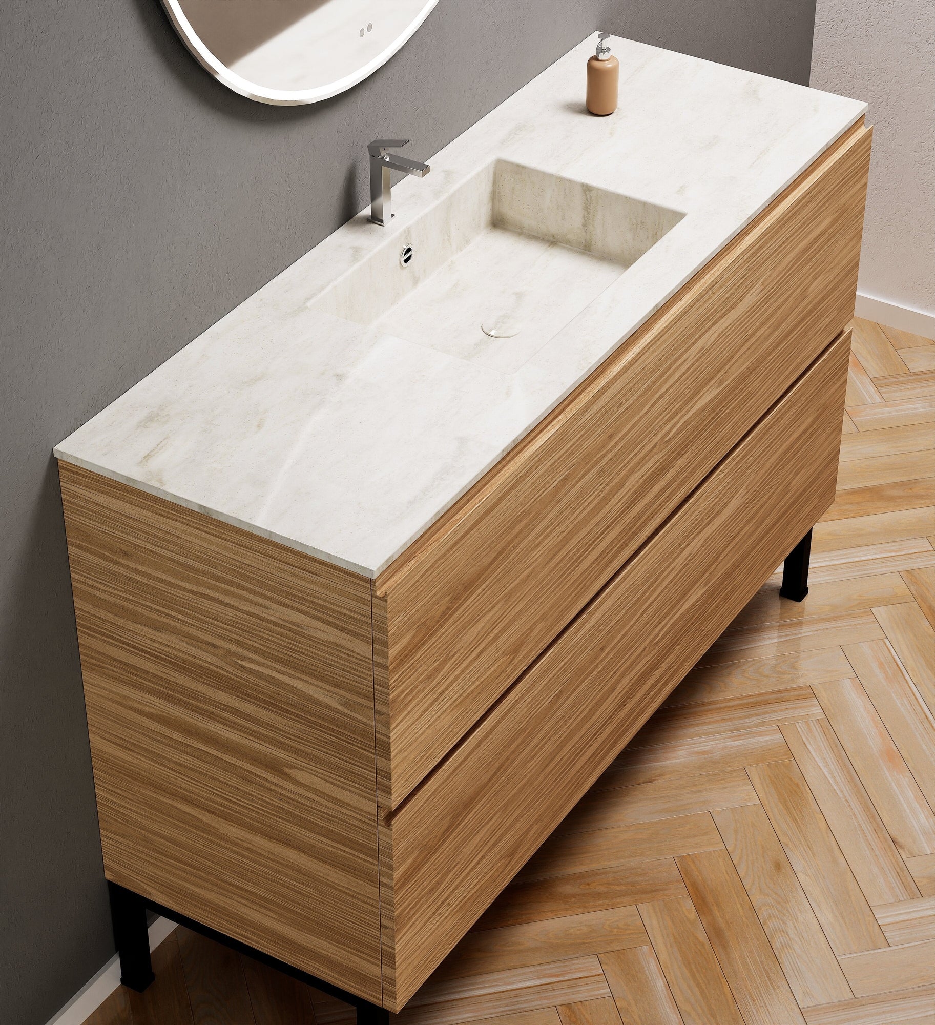 Aurora Single Set With Supporting Legs – Corian Sink & Countertop with 2 Drawers Vanity - ROVALUX