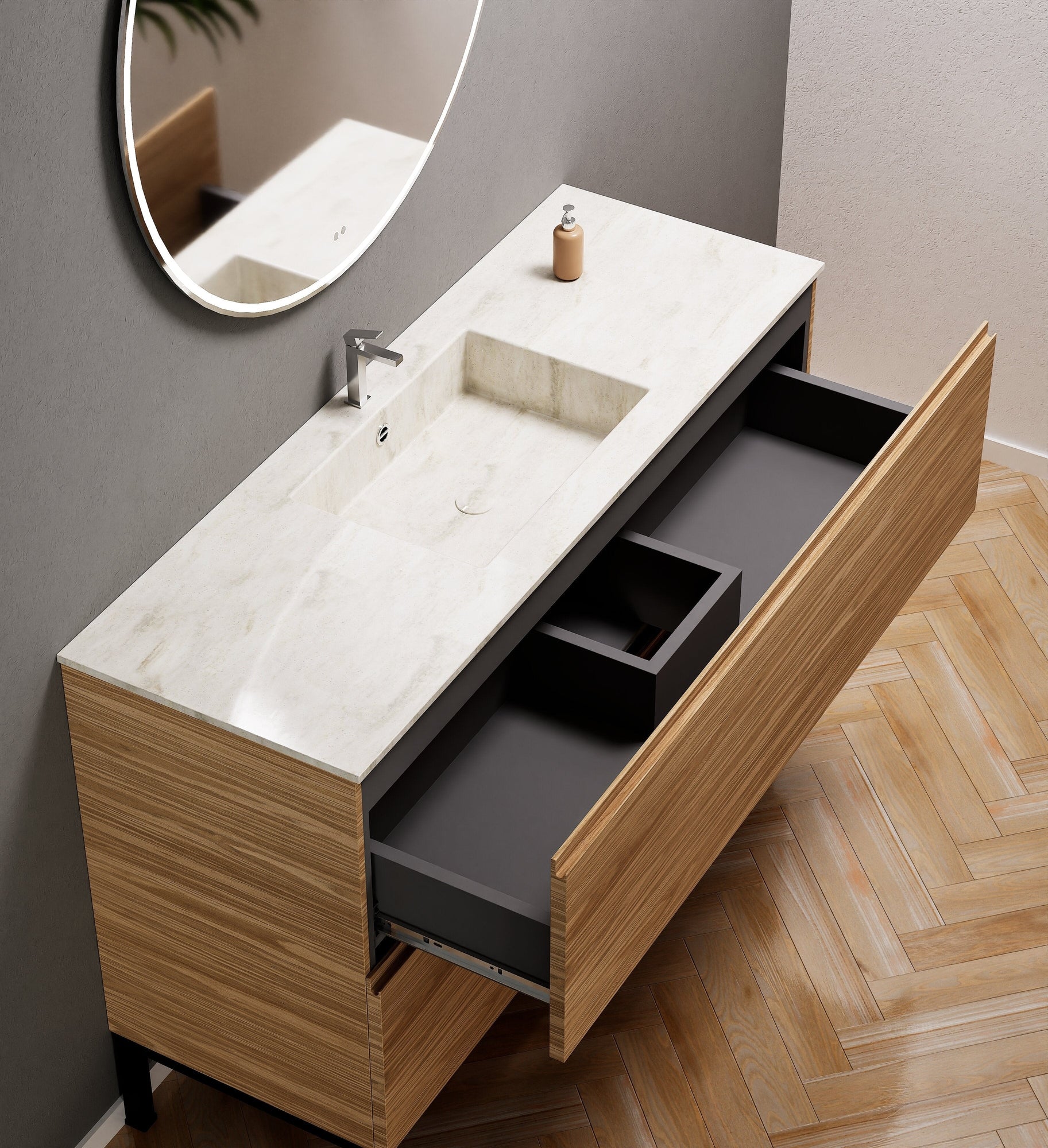 Aurora Single Set With Supporting Legs – Corian Sink & Countertop with 2 Drawers Vanity - ROVALUX