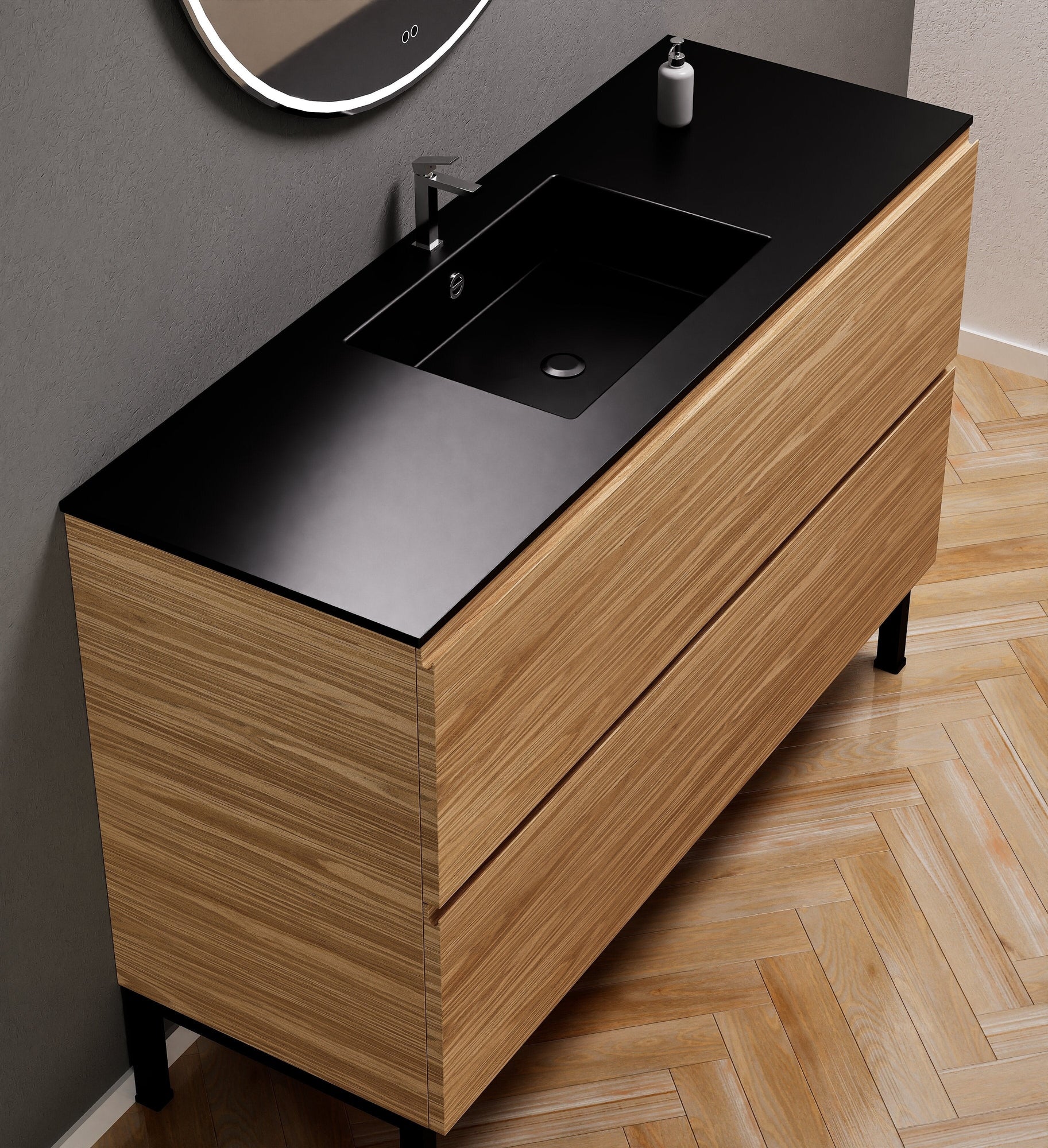 Aurora Single Set With Supporting Legs – Corian Sink & Countertop with 2 Drawers Vanity - ROVALUX