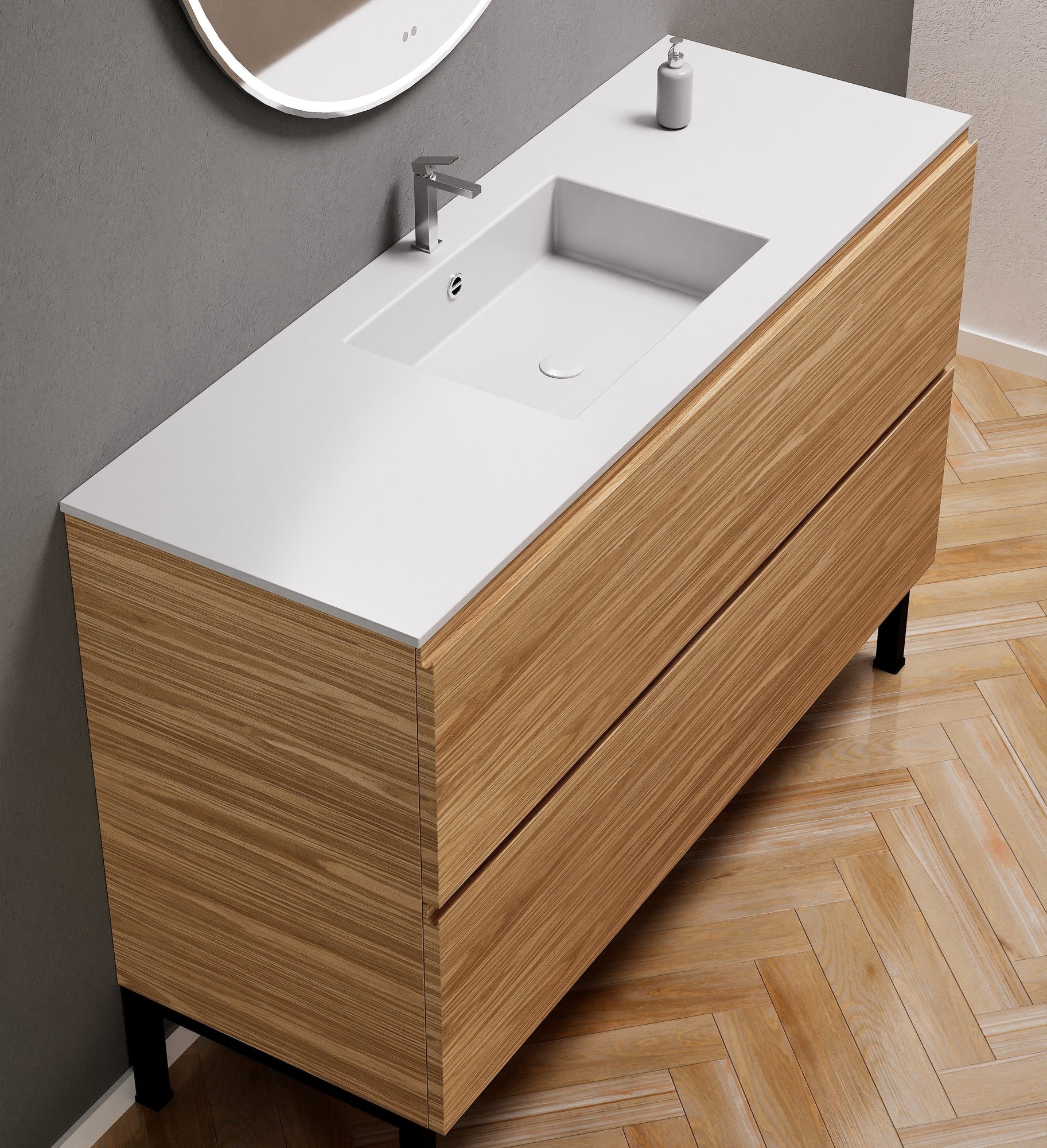 Aurora Single Set With Supporting Legs – Corian Sink & Countertop with 2 Drawers Vanity - ROVALUX