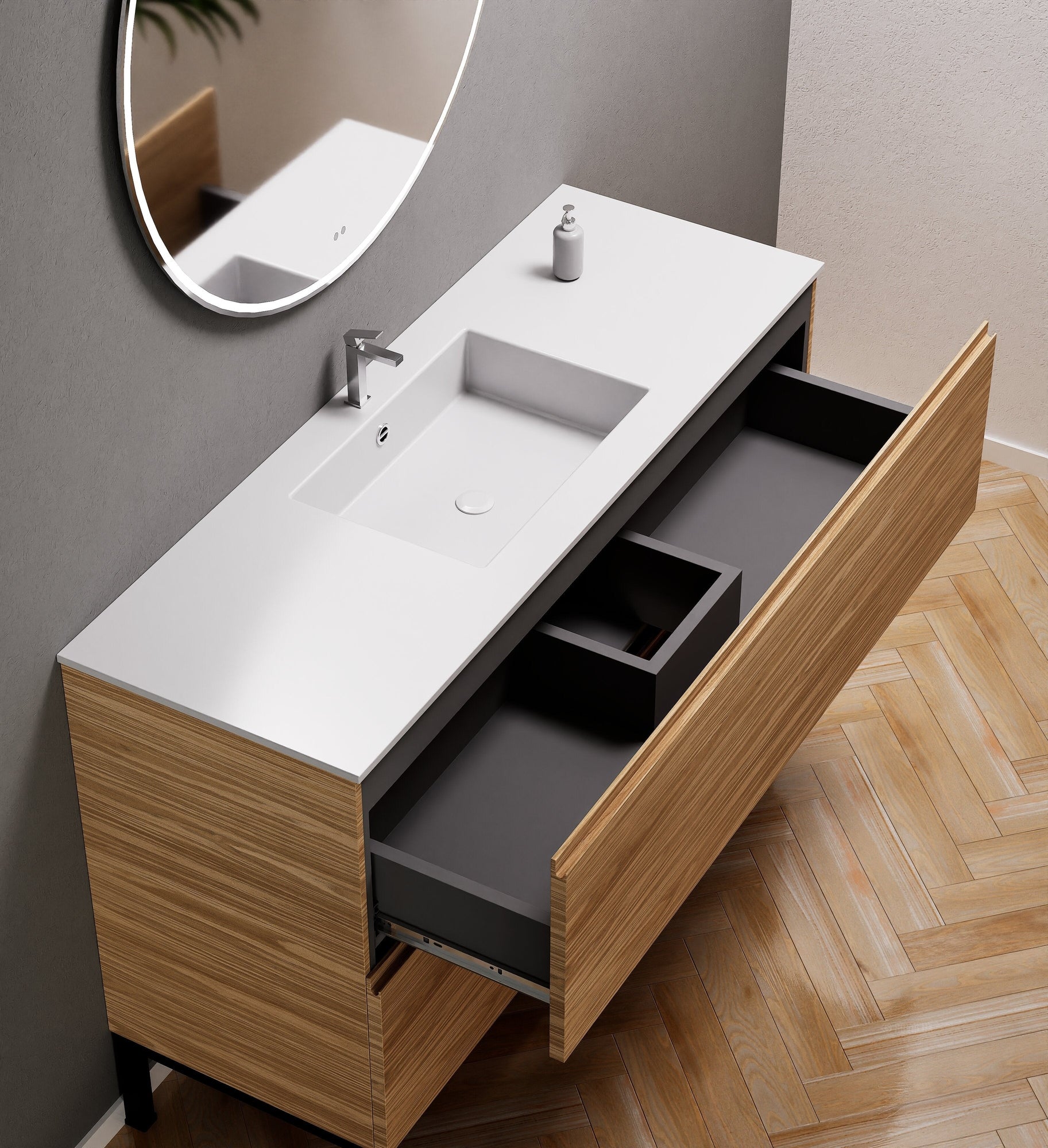 Aurora Single Set With Supporting Legs – Corian Sink & Countertop with 2 Drawers Vanity - ROVALUX