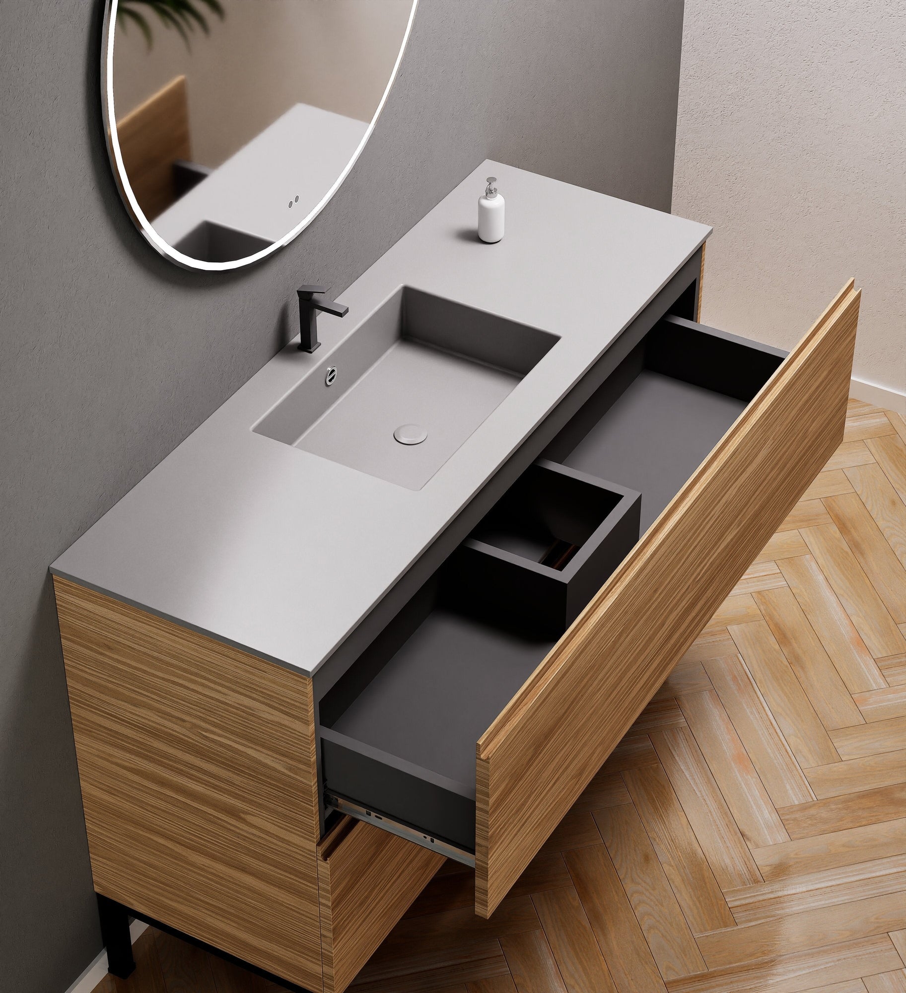 Aurora Single Set With Supporting Legs – Corian Sink & Countertop with 2 Drawers Vanity - ROVALUX