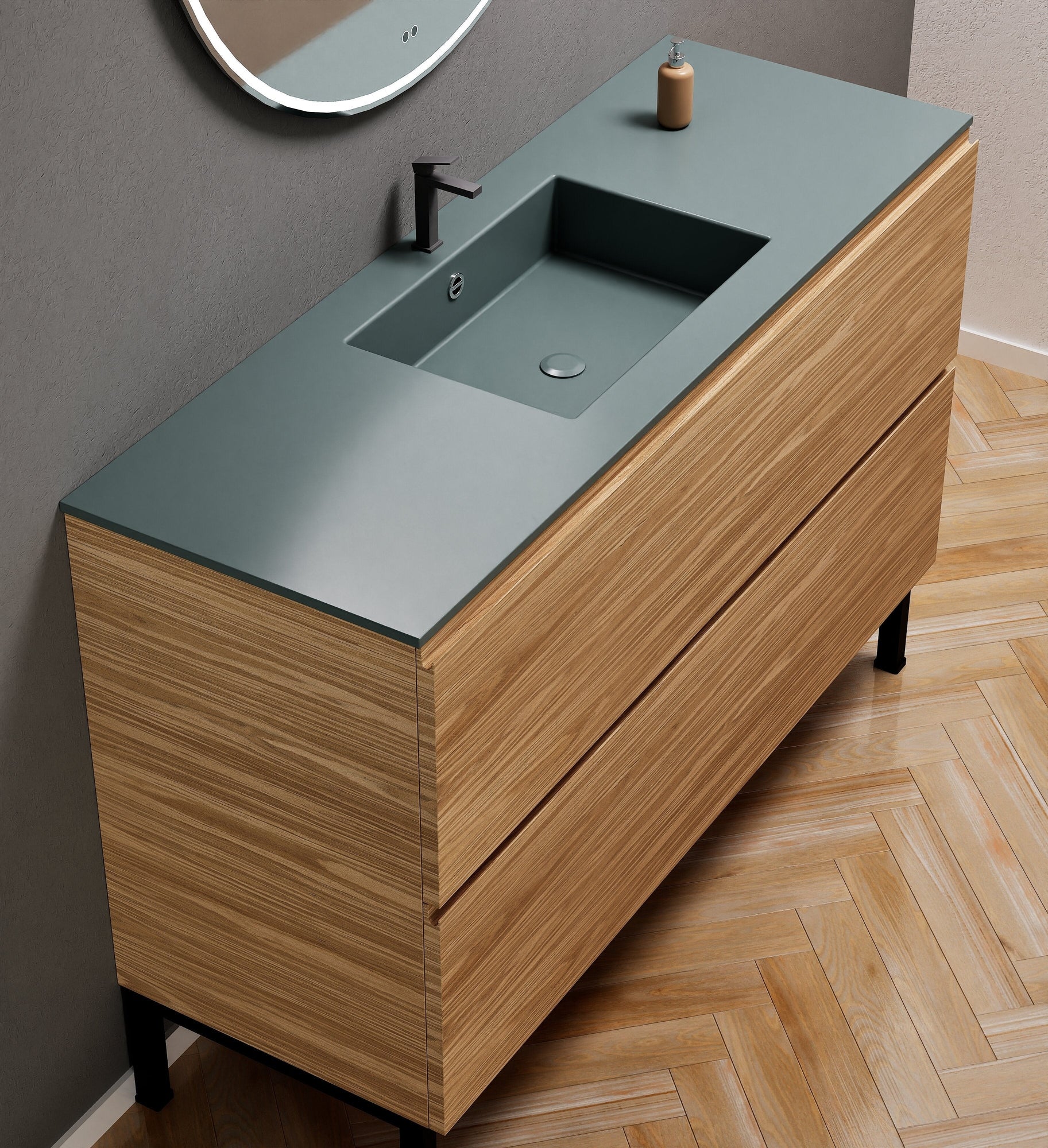 Aurora Single Set With Supporting Legs – Corian Sink & Countertop with 2 Drawers Vanity - ROVALUX