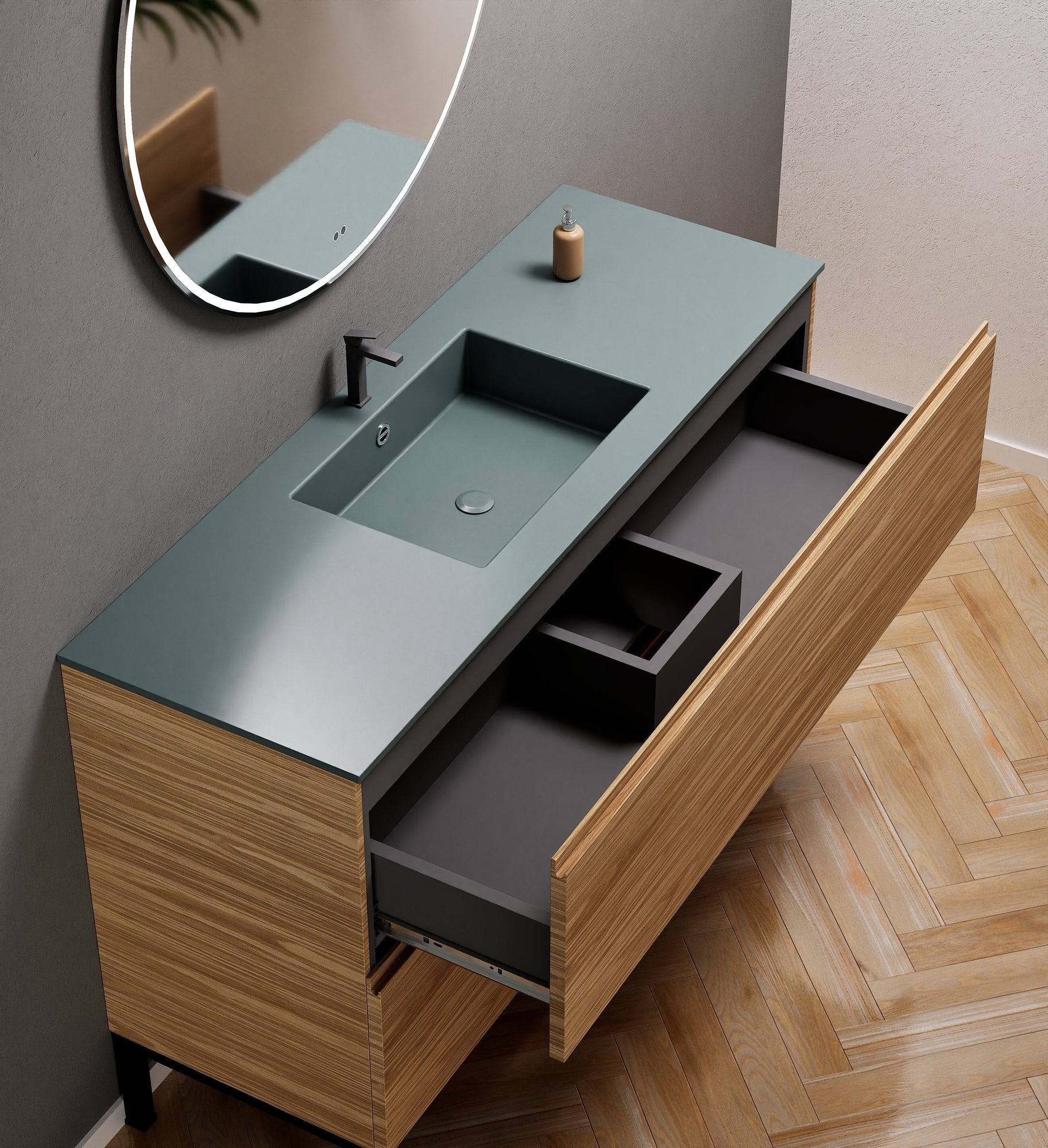 Aurora Single Set With Supporting Legs – Corian Sink & Countertop with 2 Drawers Vanity - ROVALUX