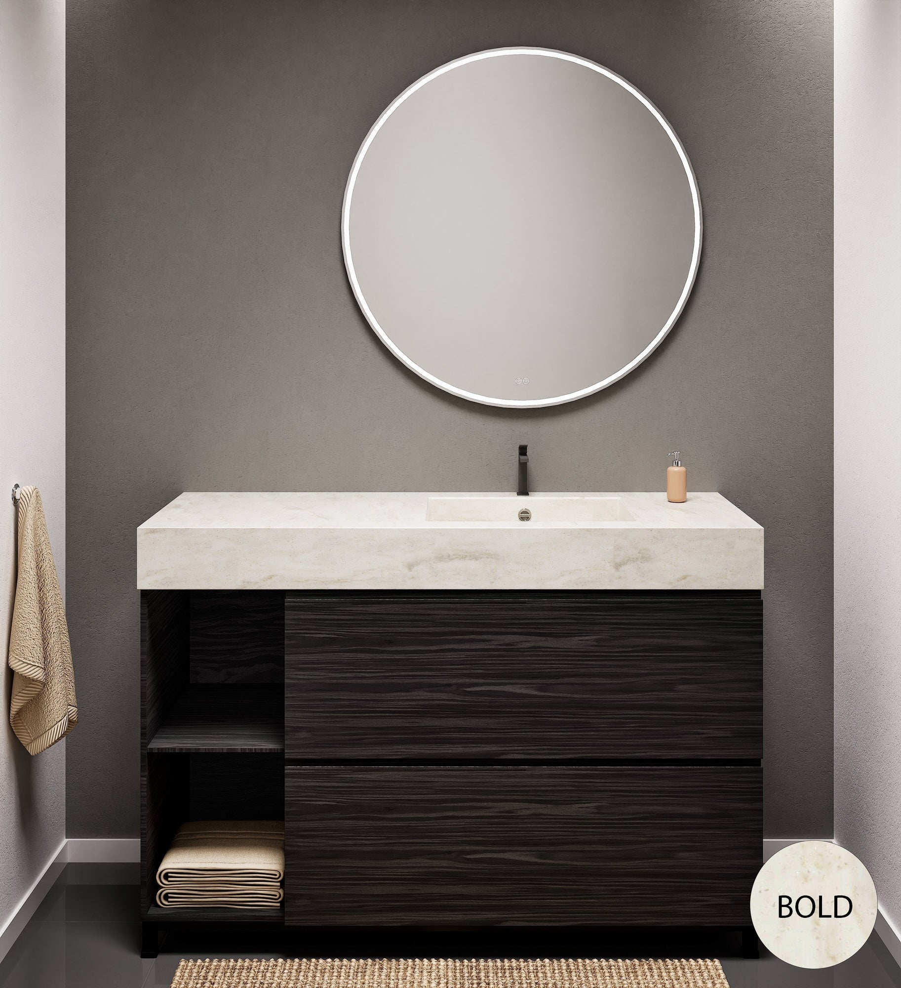 Aurora Single Set With Supporting Legs - Corian Sink & Countertop with 2 Drawers Vanity & Side Shelves - ROVALUX