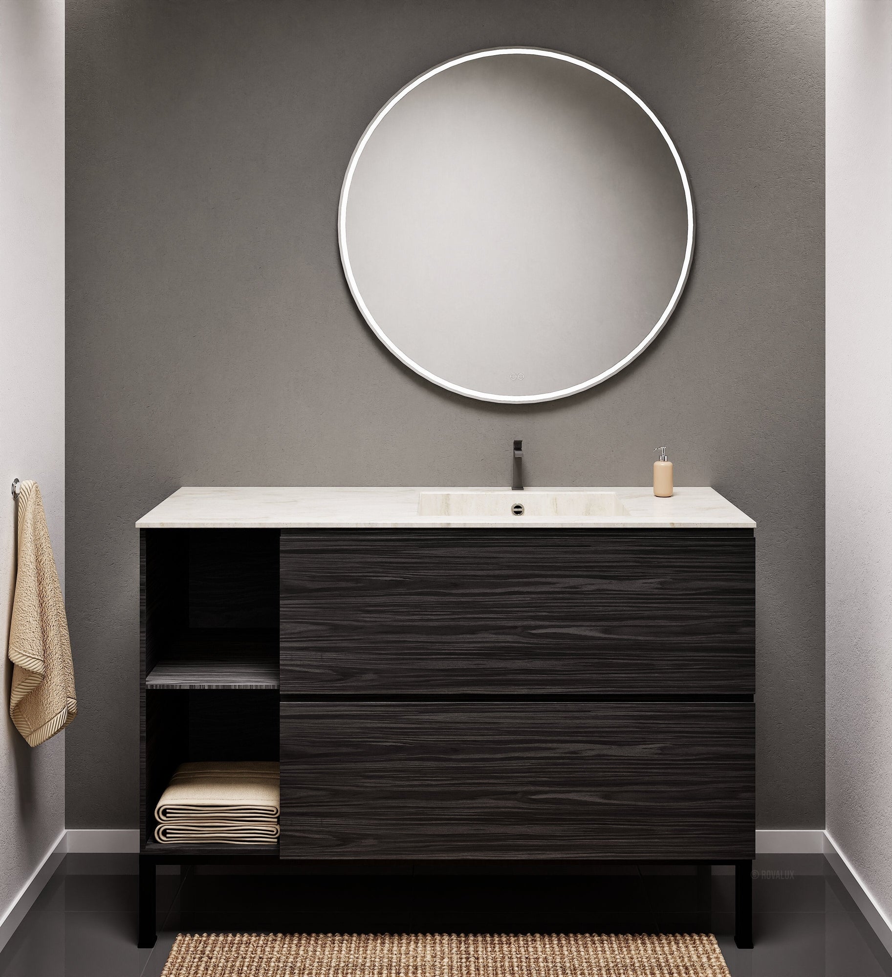 Aurora Single Set With Supporting Legs - Corian Sink & Countertop with 2 Drawers Vanity & Side Shelves - ROVALUX