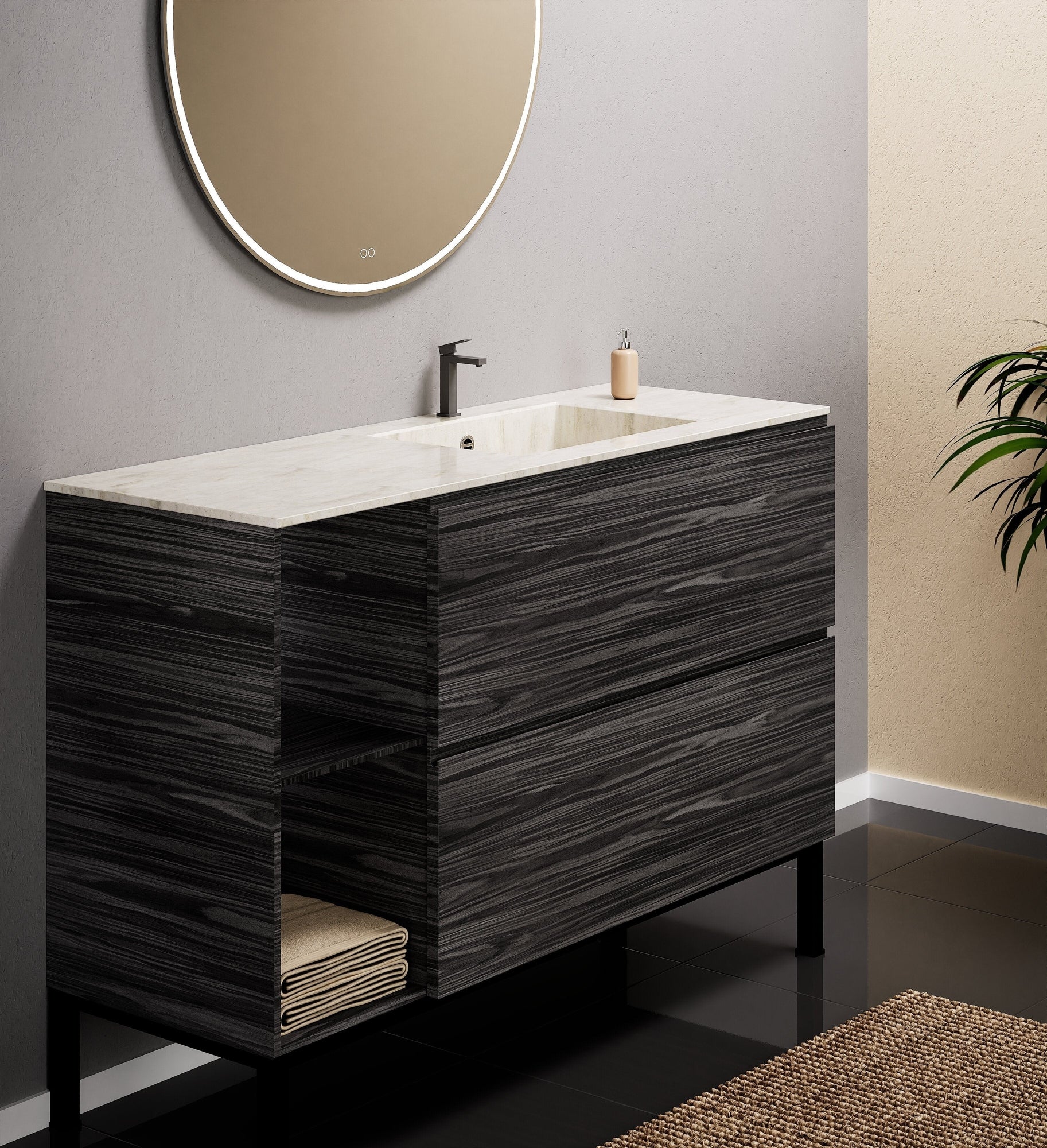 Aurora Single Set With Supporting Legs - Corian Sink & Countertop with 2 Drawers Vanity & Side Shelves - ROVALUX