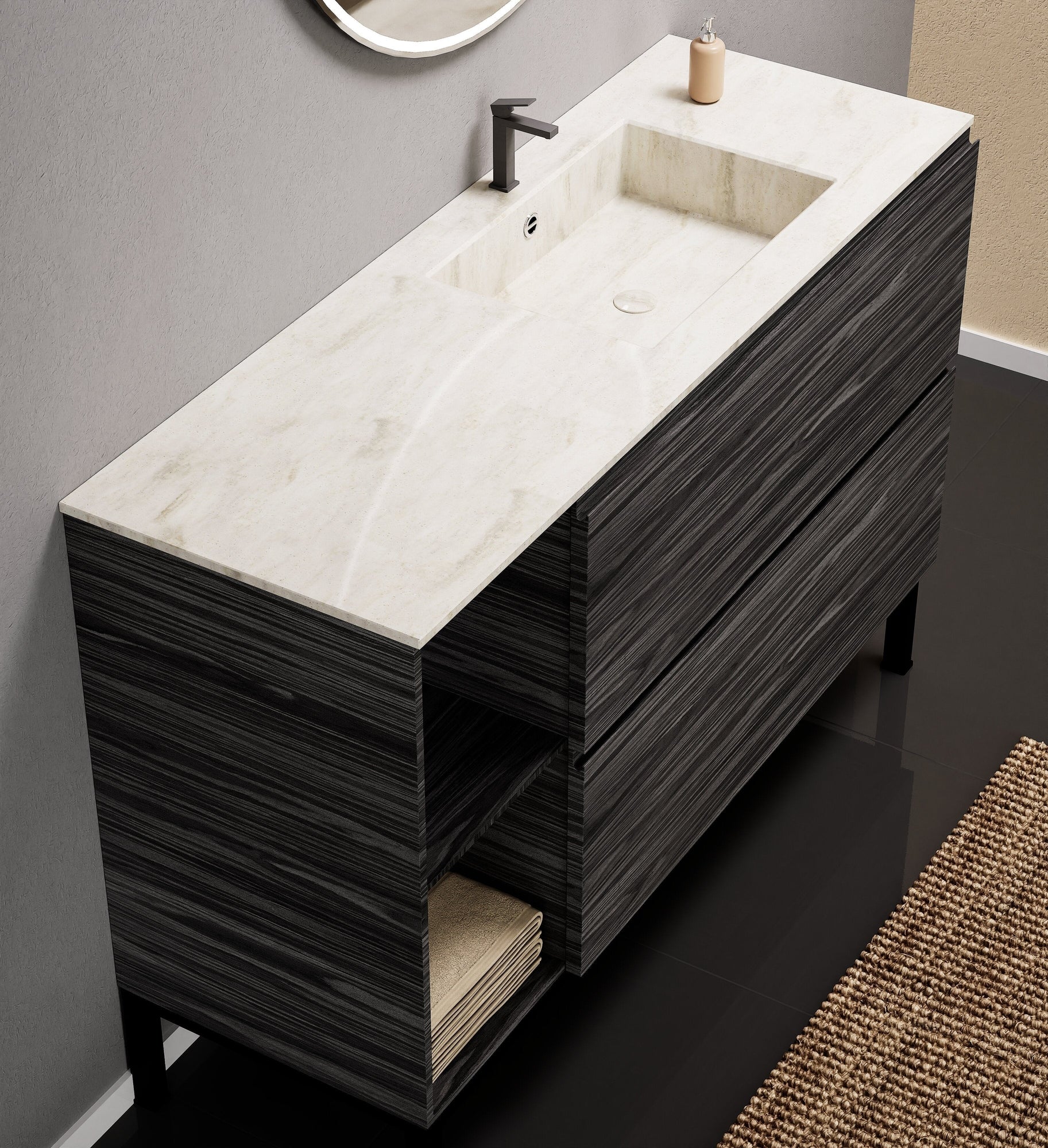 Aurora Single Set With Supporting Legs - Corian Sink & Countertop with 2 Drawers Vanity & Side Shelves - ROVALUX