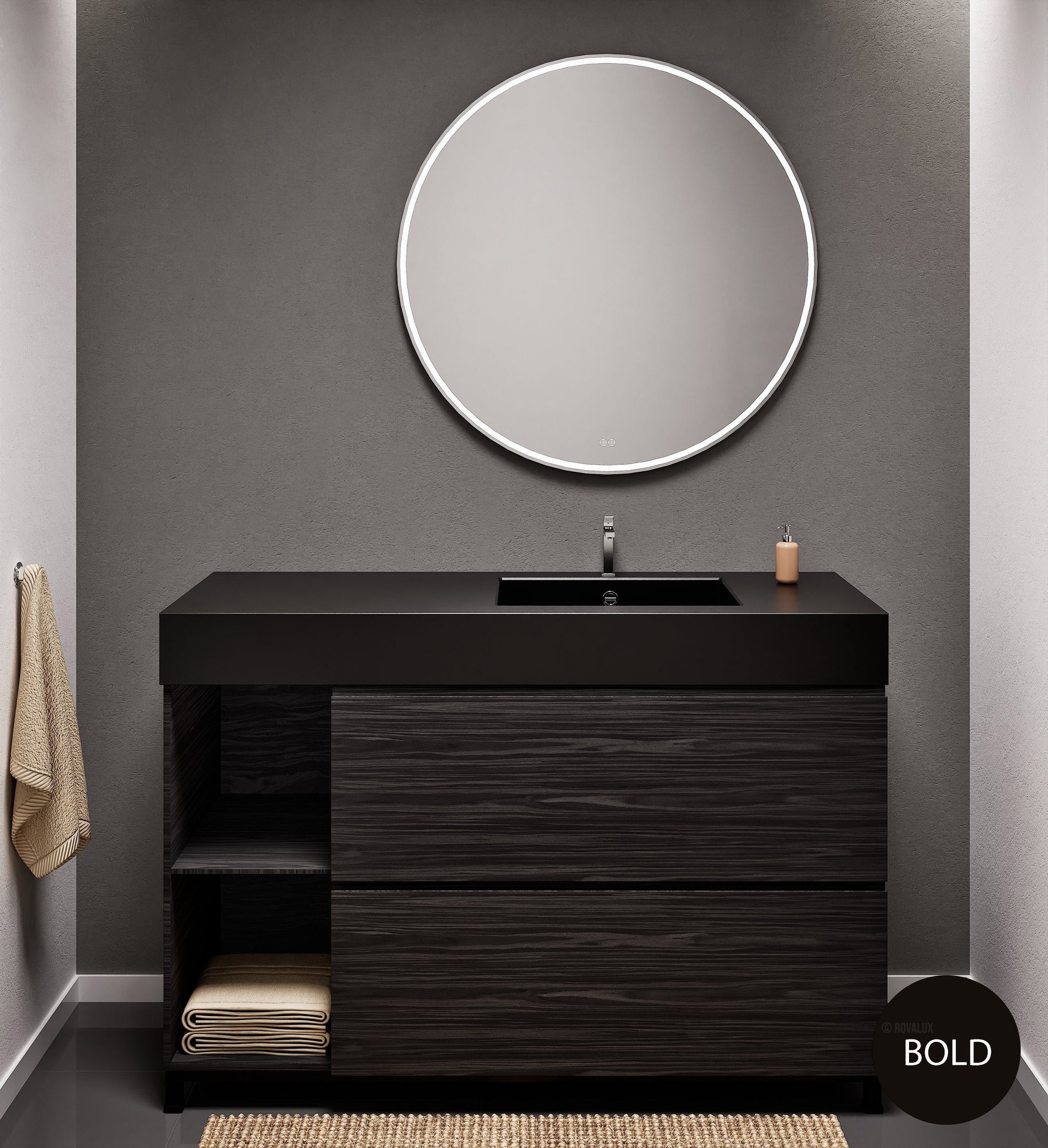 Aurora Single Set With Supporting Legs - Corian Sink & Countertop with 2 Drawers Vanity & Side Shelves - ROVALUX