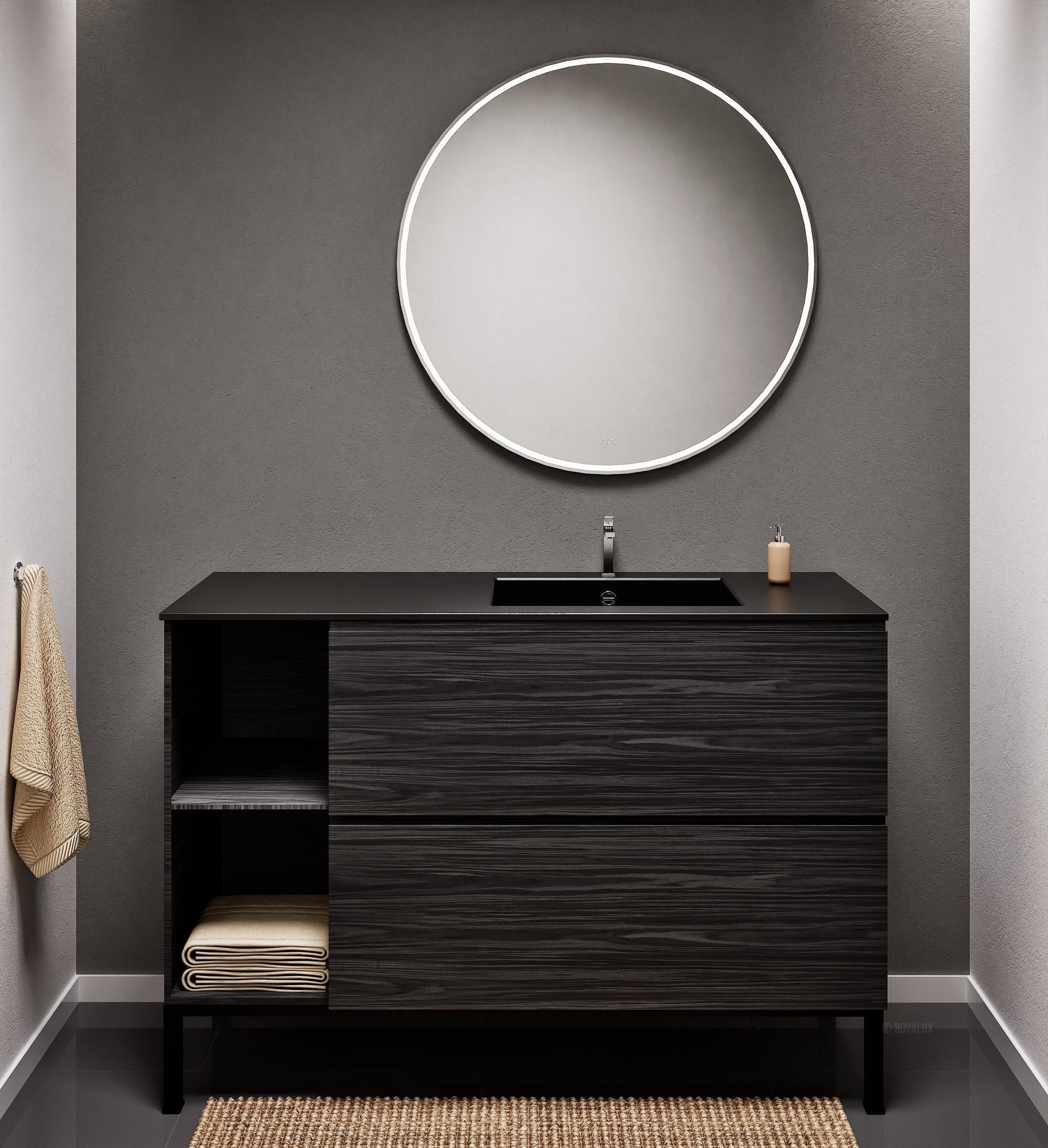 Aurora Single Set With Supporting Legs - Corian Sink & Countertop with 2 Drawers Vanity & Side Shelves - ROVALUX