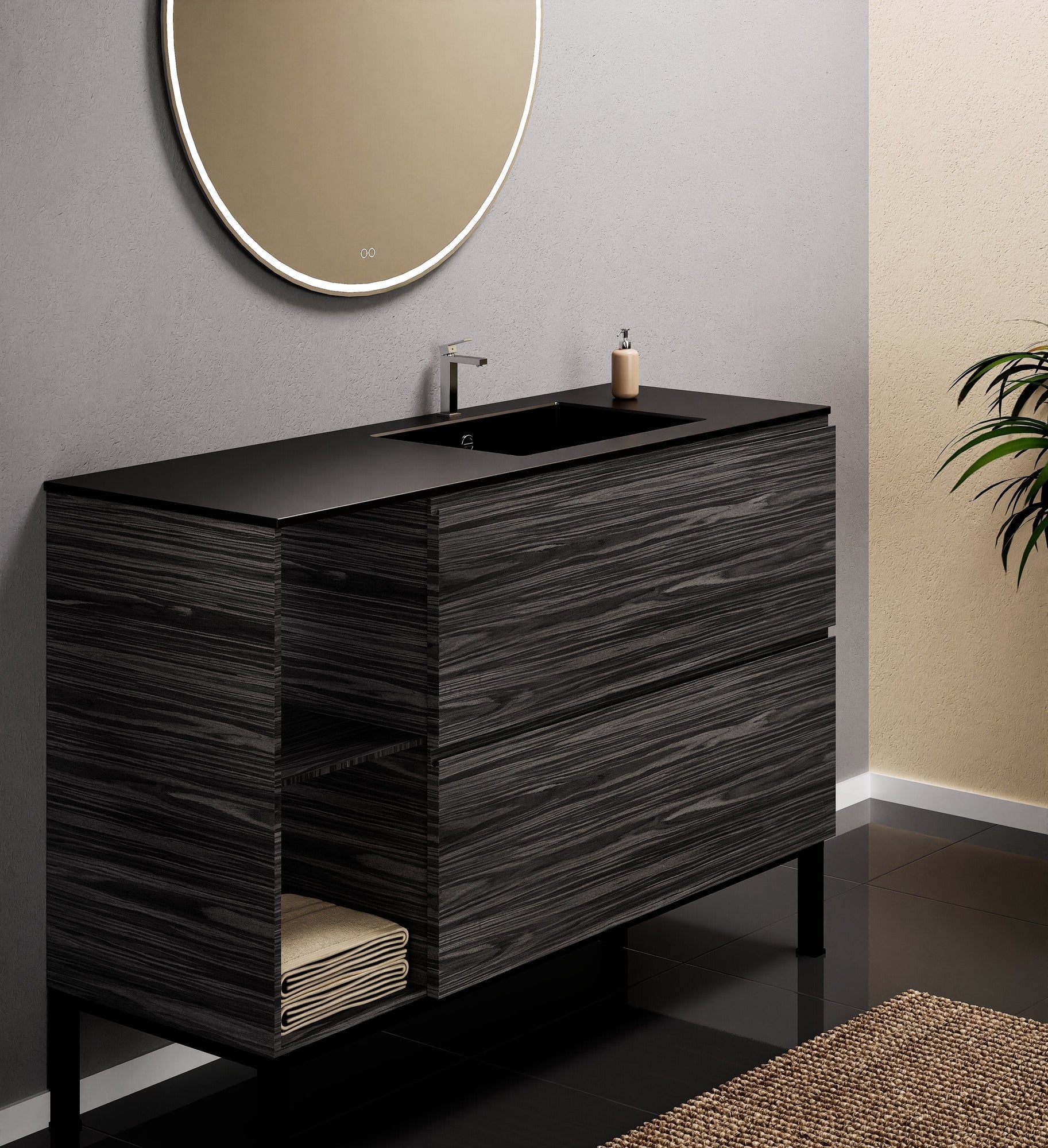 Aurora Single Set With Supporting Legs - Corian Sink & Countertop with 2 Drawers Vanity & Side Shelves - ROVALUX