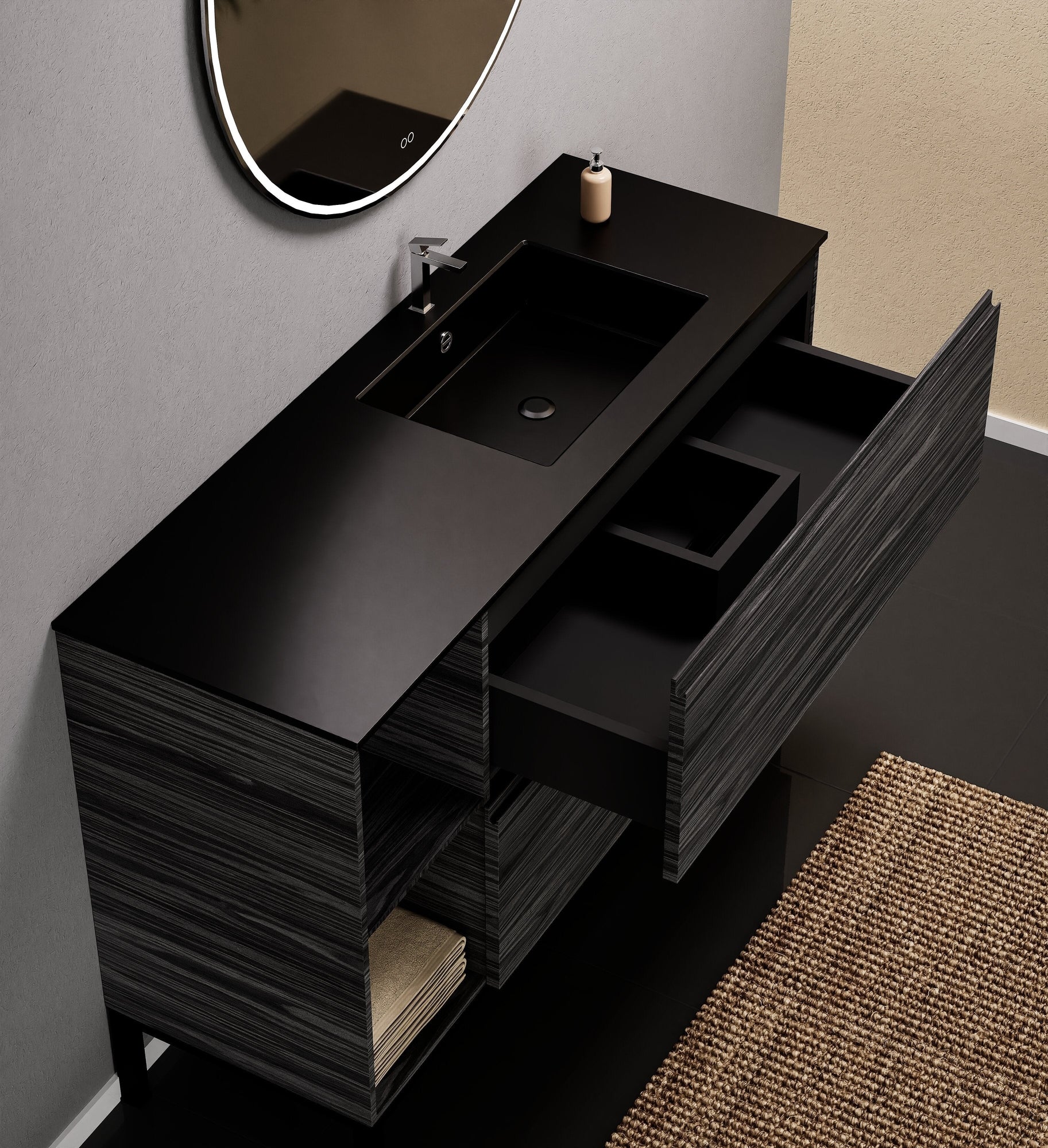 Aurora Single Set With Supporting Legs - Corian Sink & Countertop with 2 Drawers Vanity & Side Shelves - ROVALUX