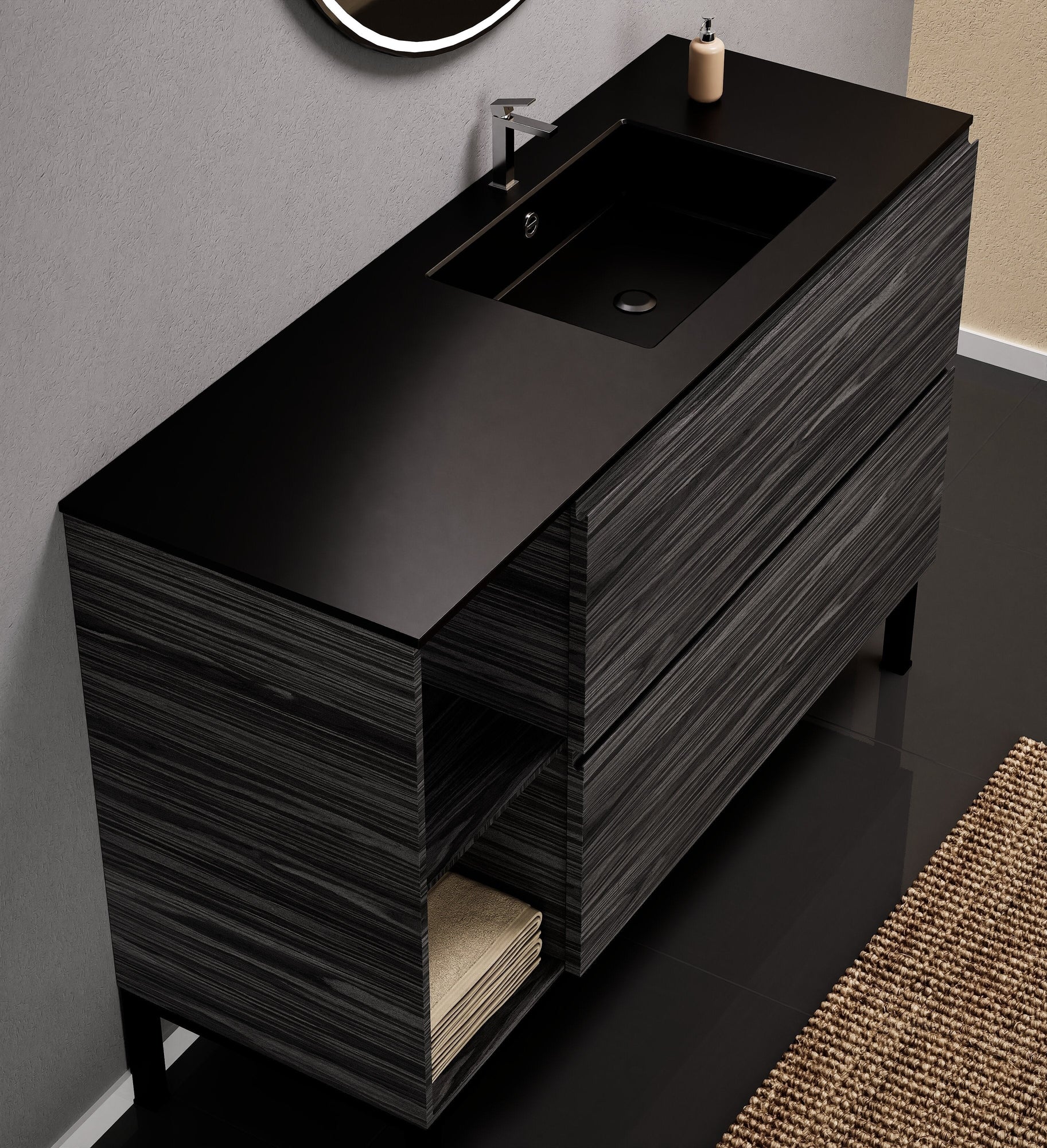 Aurora Single Set With Supporting Legs - Corian Sink & Countertop with 2 Drawers Vanity & Side Shelves - ROVALUX