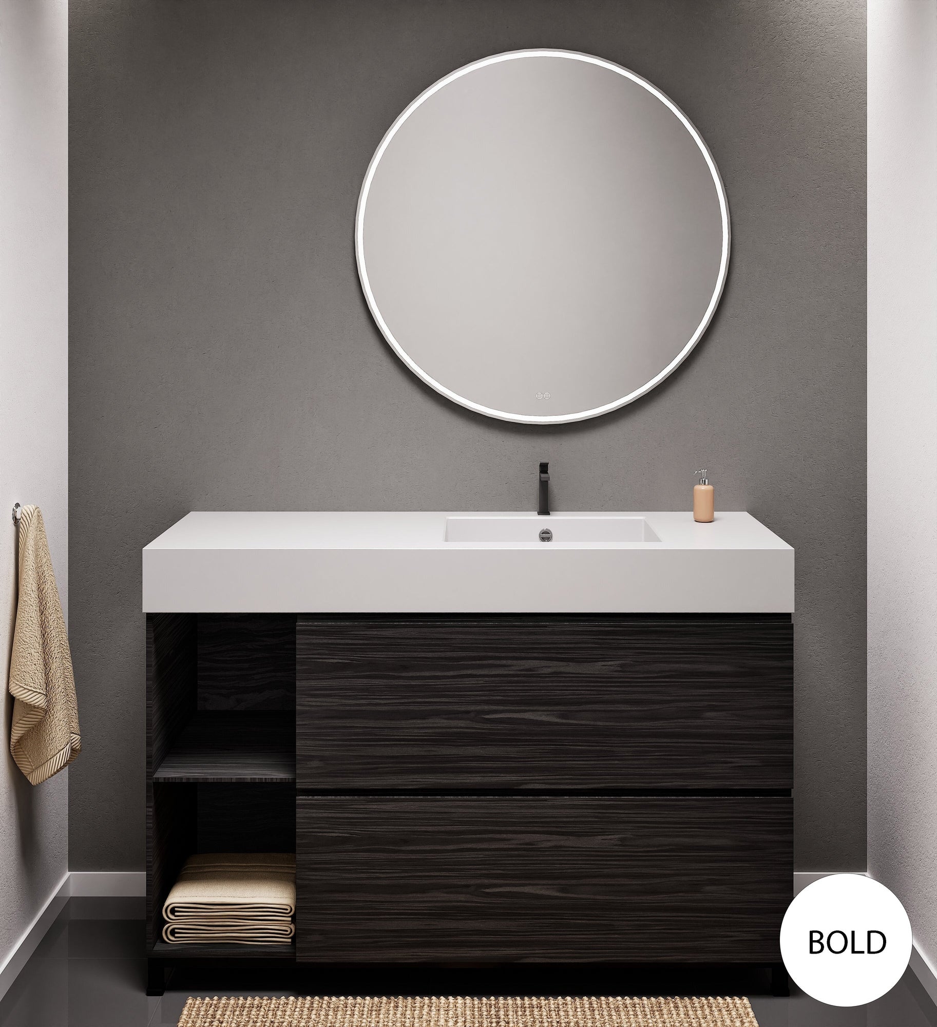 Aurora Single Set With Supporting Legs - Corian Sink & Countertop with 2 Drawers Vanity & Side Shelves - ROVALUX