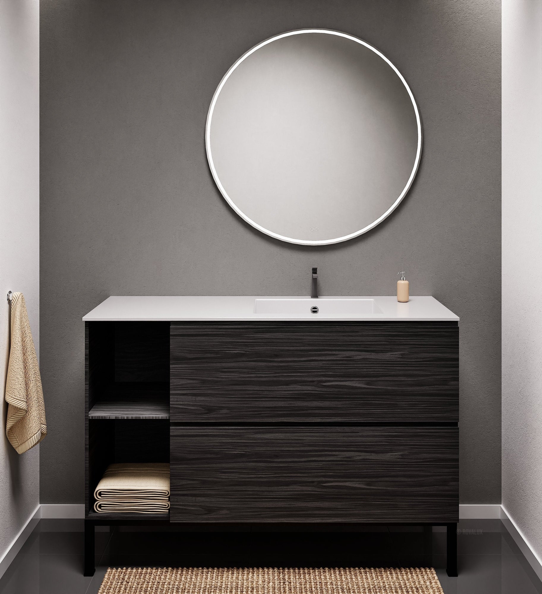 Aurora Single Set With Supporting Legs - Corian Sink & Countertop with 2 Drawers Vanity & Side Shelves - ROVALUX