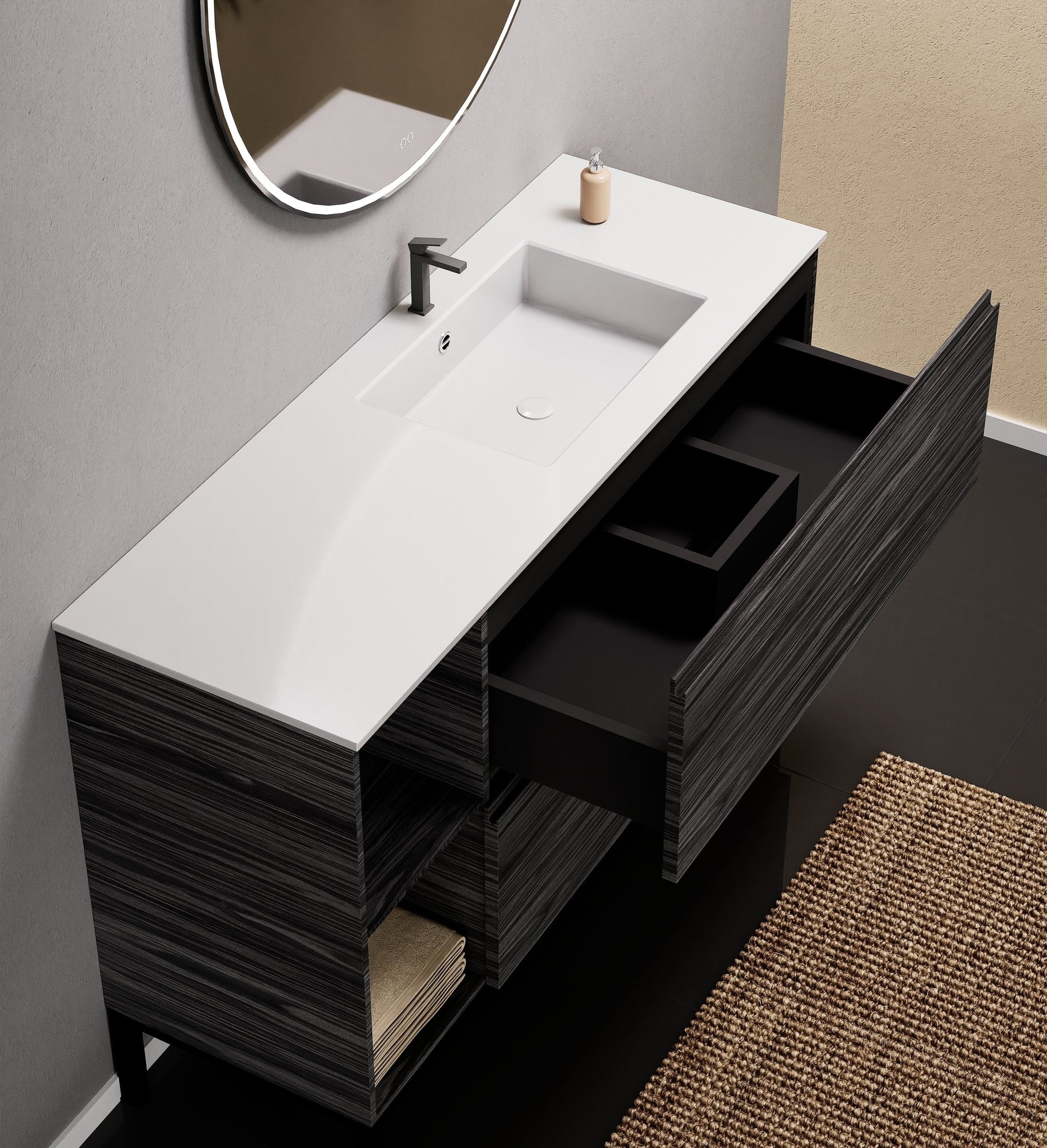 Aurora Single Set With Supporting Legs - Corian Sink & Countertop with 2 Drawers Vanity & Side Shelves - ROVALUX