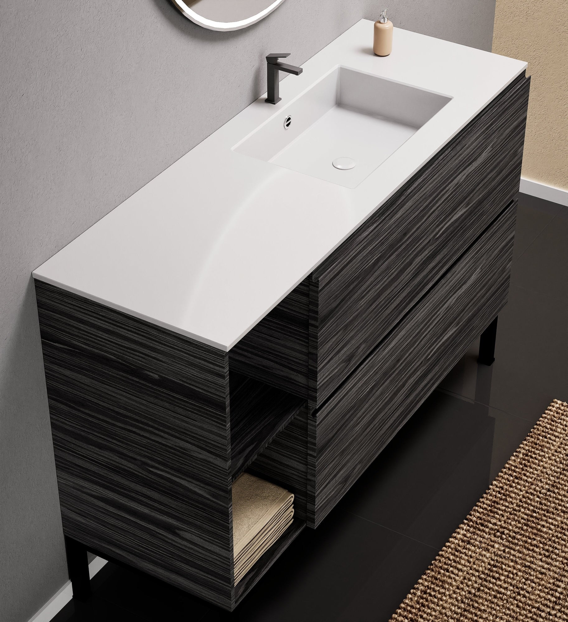Aurora Single Set With Supporting Legs - Corian Sink & Countertop with 2 Drawers Vanity & Side Shelves - ROVALUX