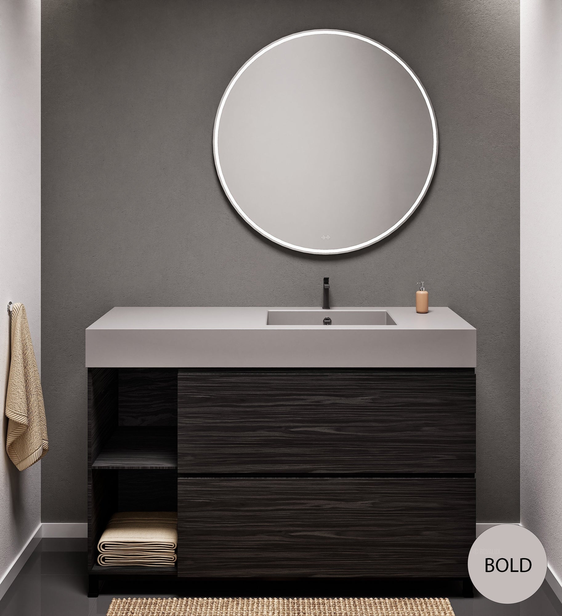 Aurora Single Set With Supporting Legs - Corian Sink & Countertop with 2 Drawers Vanity & Side Shelves - ROVALUX
