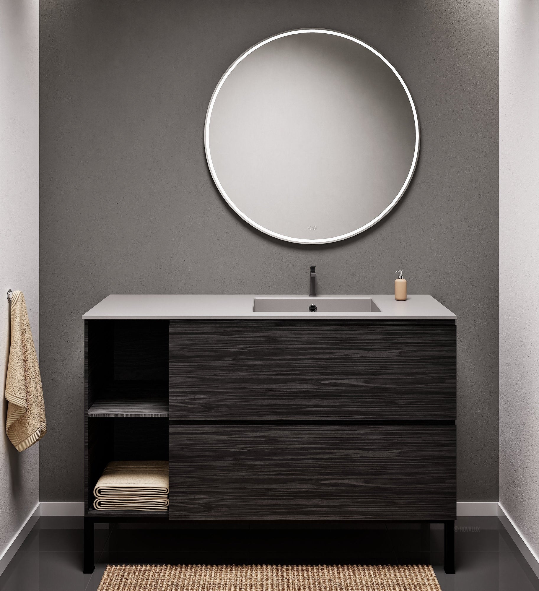 Aurora Single Set With Supporting Legs - Corian Sink & Countertop with 2 Drawers Vanity & Side Shelves - ROVALUX