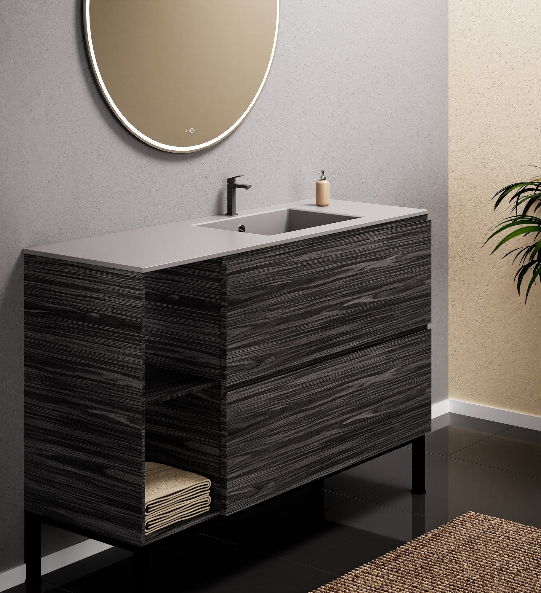 Aurora Single Set With Supporting Legs - Corian Sink & Countertop with 2 Drawers Vanity & Side Shelves - ROVALUX