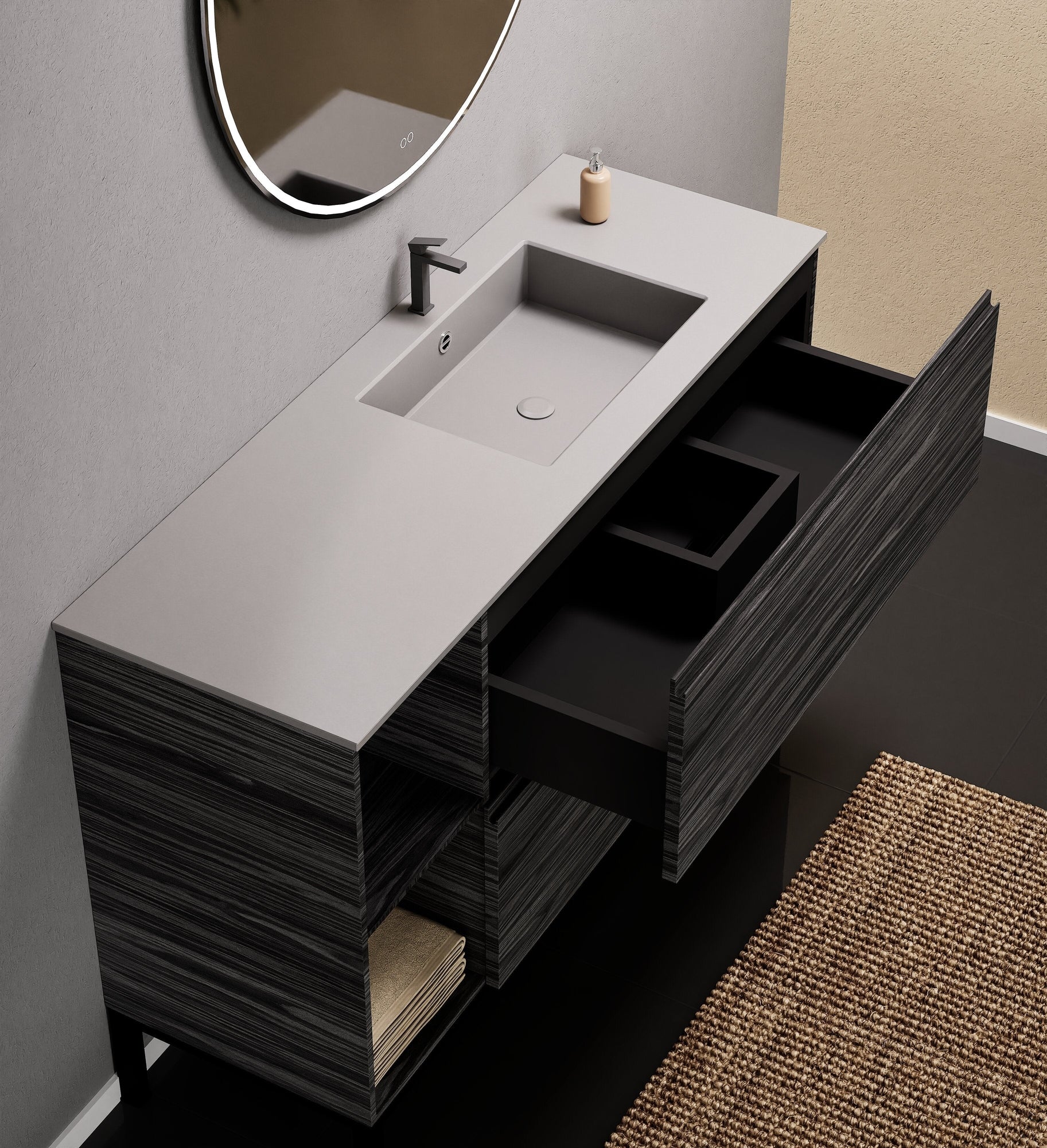 Aurora Single Set With Supporting Legs - Corian Sink & Countertop with 2 Drawers Vanity & Side Shelves - ROVALUX