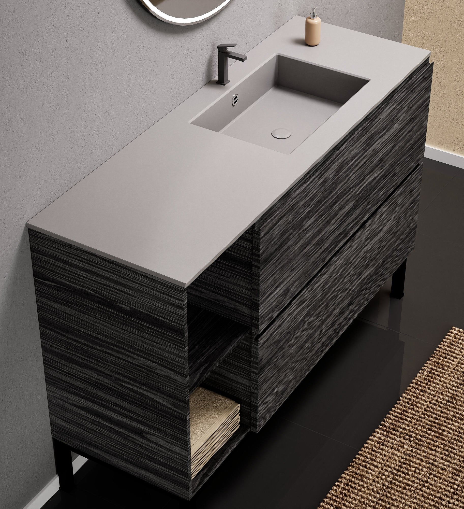 Aurora Single Set With Supporting Legs - Corian Sink & Countertop with 2 Drawers Vanity & Side Shelves - ROVALUX
