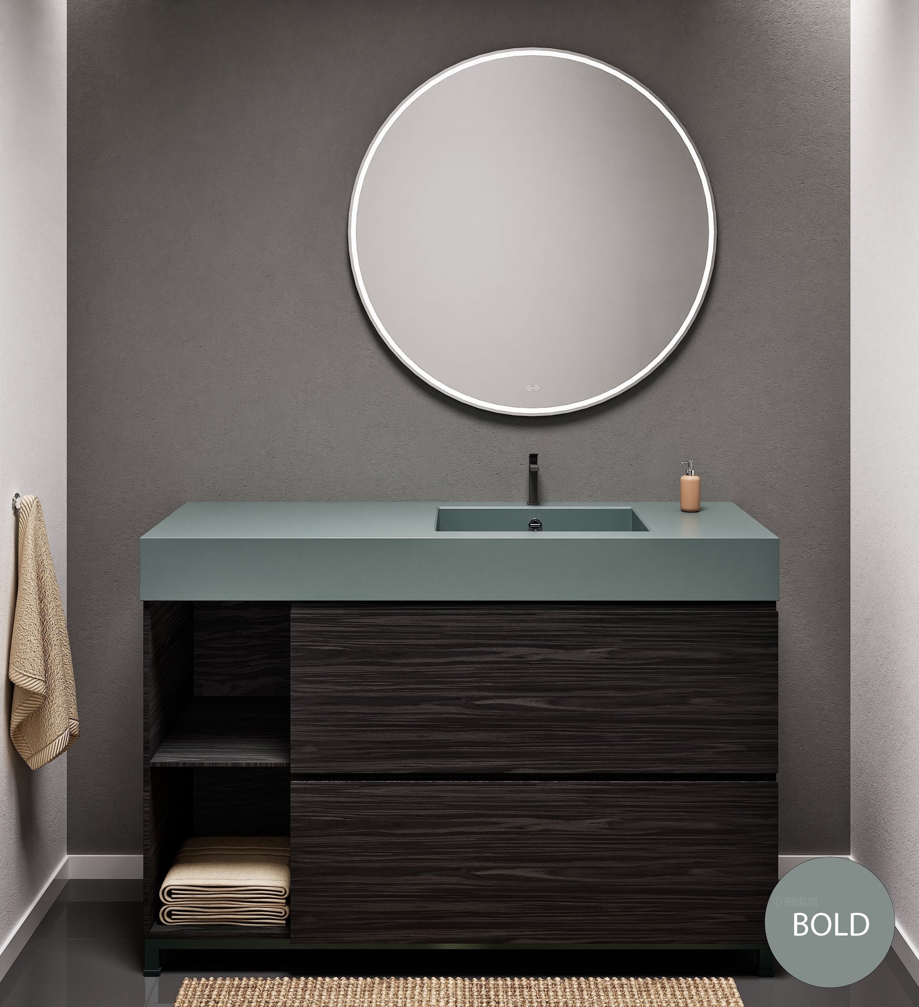 Aurora Single Set With Supporting Legs - Corian Sink & Countertop with 2 Drawers Vanity & Side Shelves - ROVALUX
