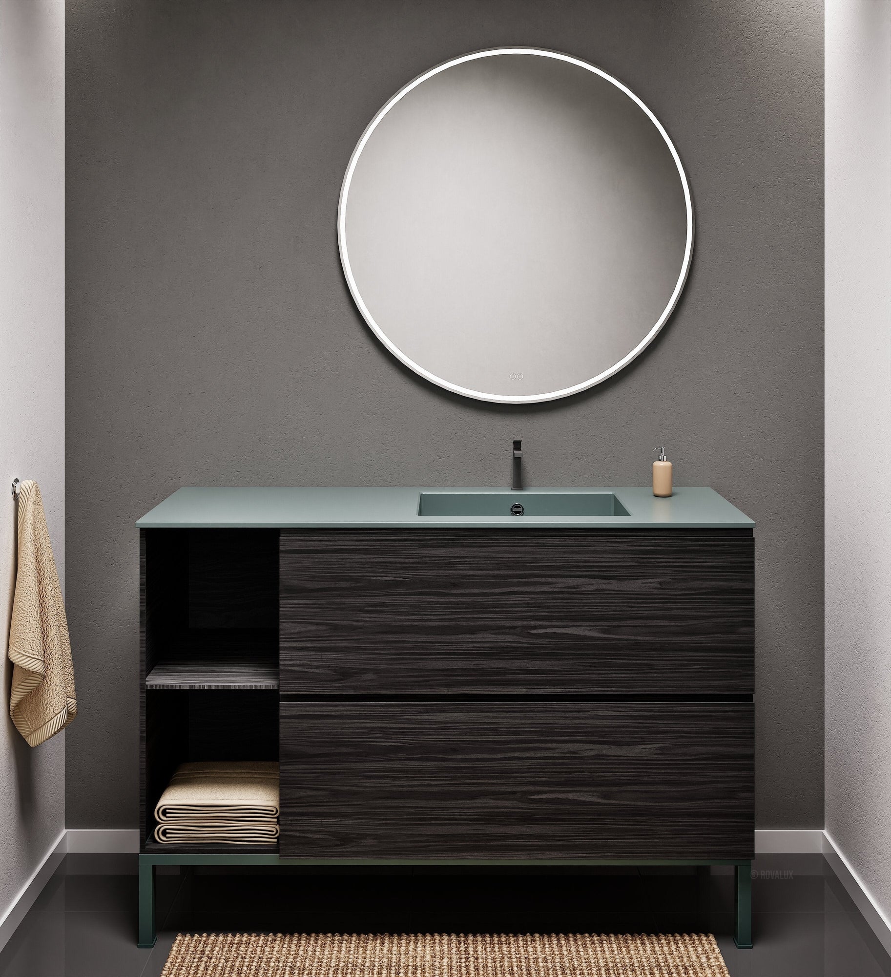 Aurora Single Set With Supporting Legs - Corian Sink & Countertop with 2 Drawers Vanity & Side Shelves - ROVALUX