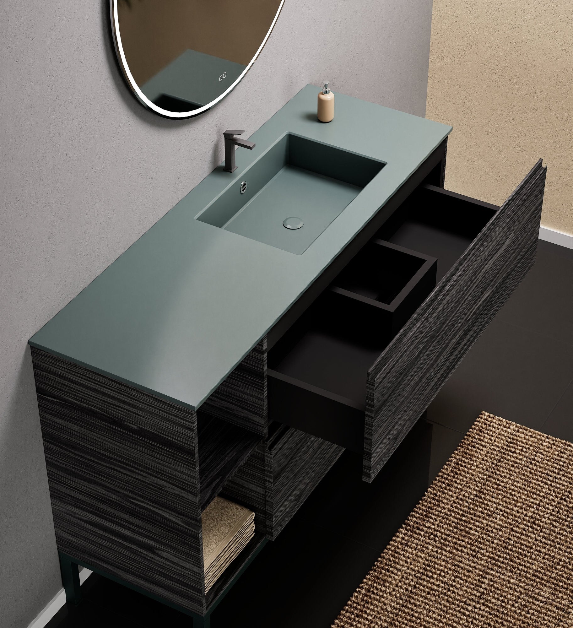 Aurora Single Set With Supporting Legs - Corian Sink & Countertop with 2 Drawers Vanity & Side Shelves - ROVALUX