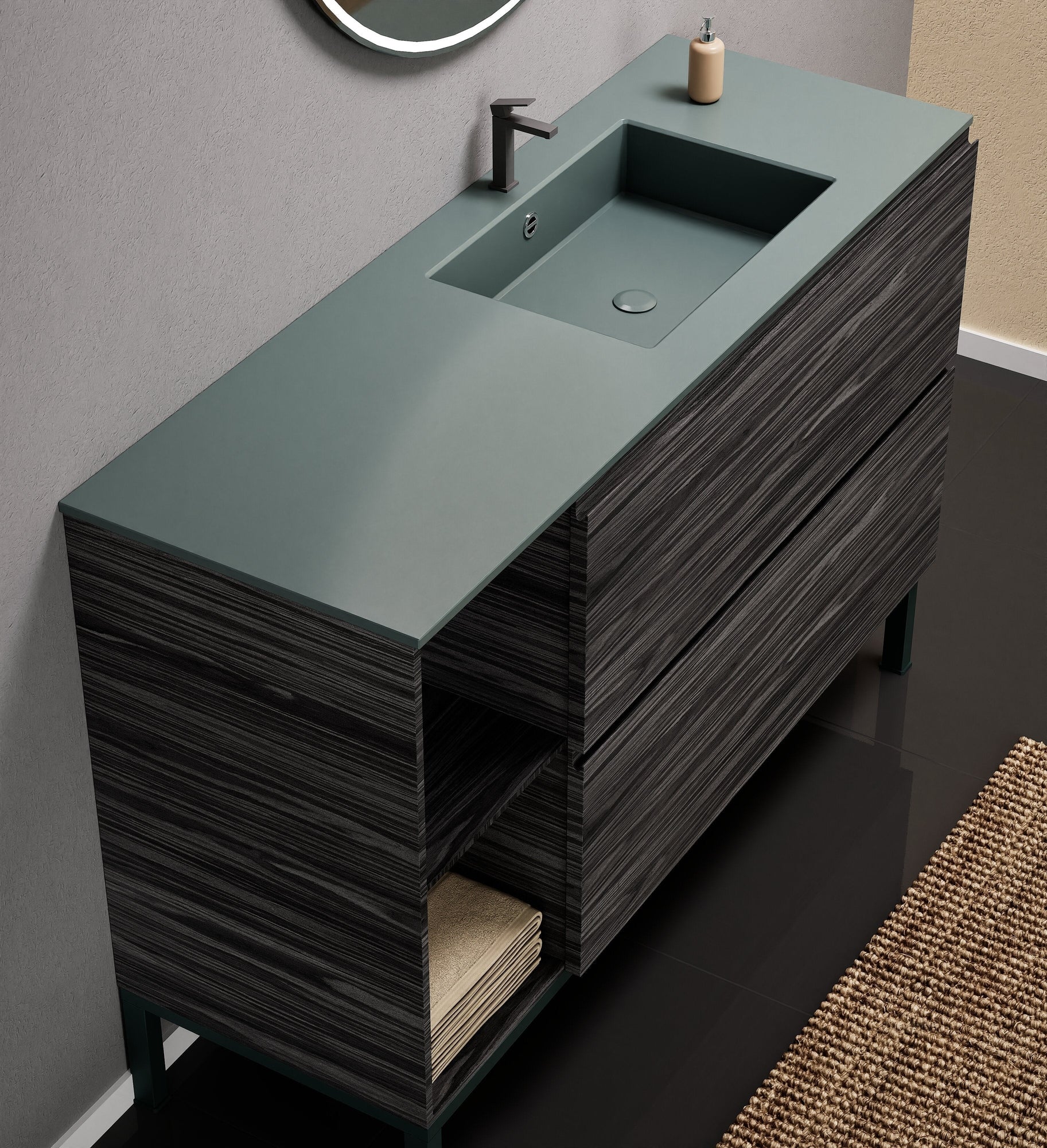 Aurora Single Set With Supporting Legs - Corian Sink & Countertop with 2 Drawers Vanity & Side Shelves - ROVALUX