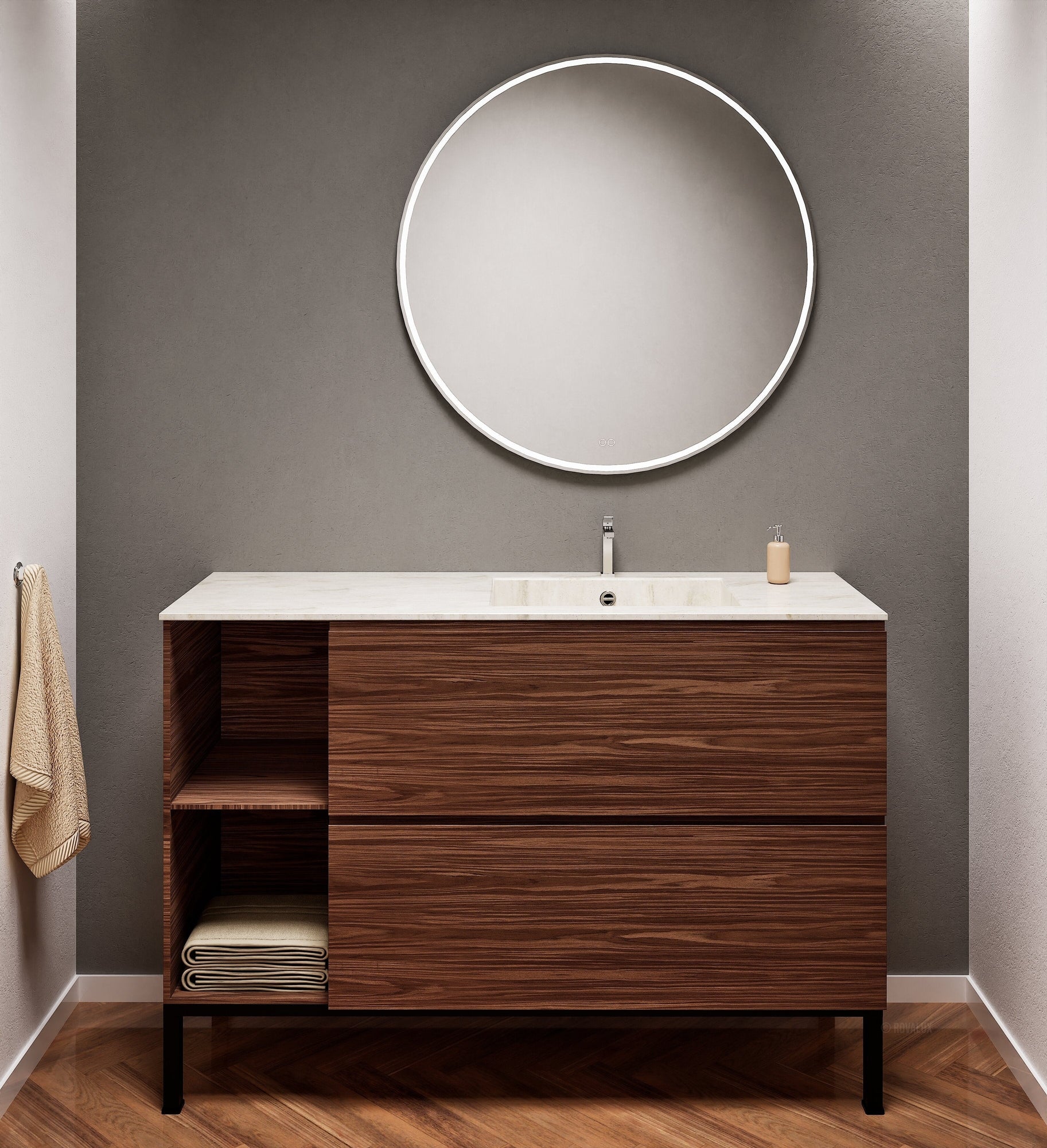 Aurora Single Set With Supporting Legs - Corian Sink & Countertop with 2 Drawers Vanity & Side Shelves - ROVALUX