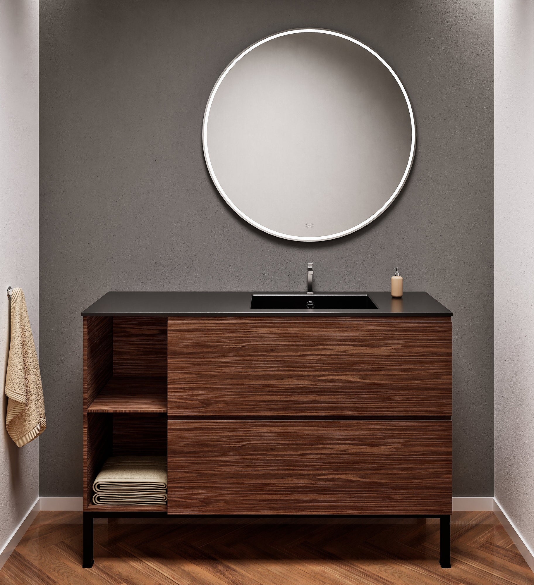 Aurora Single Set With Supporting Legs - Corian Sink & Countertop with 2 Drawers Vanity & Side Shelves - ROVALUX