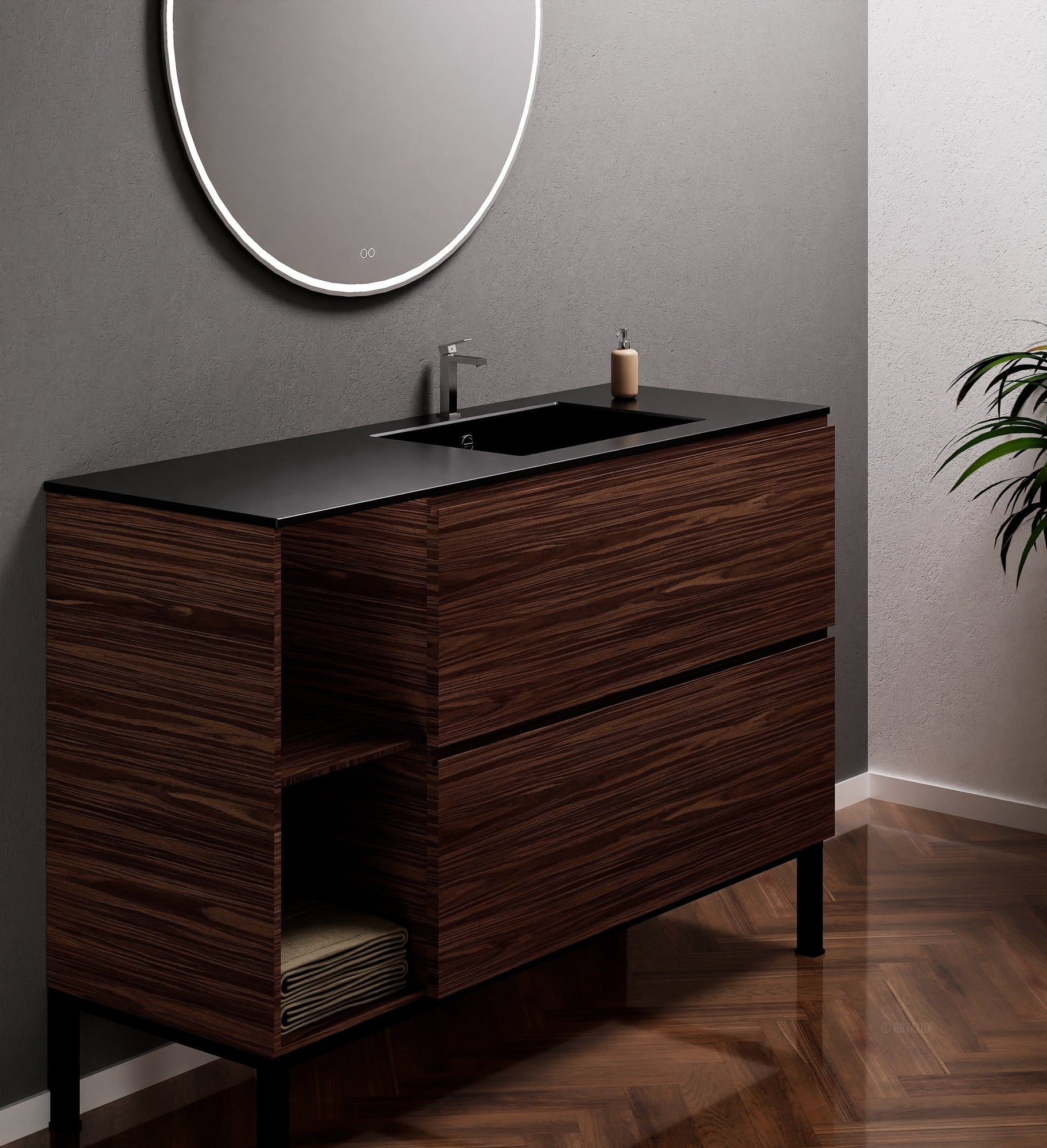 Aurora Single Set With Supporting Legs - Corian Sink & Countertop with 2 Drawers Vanity & Side Shelves - ROVALUX