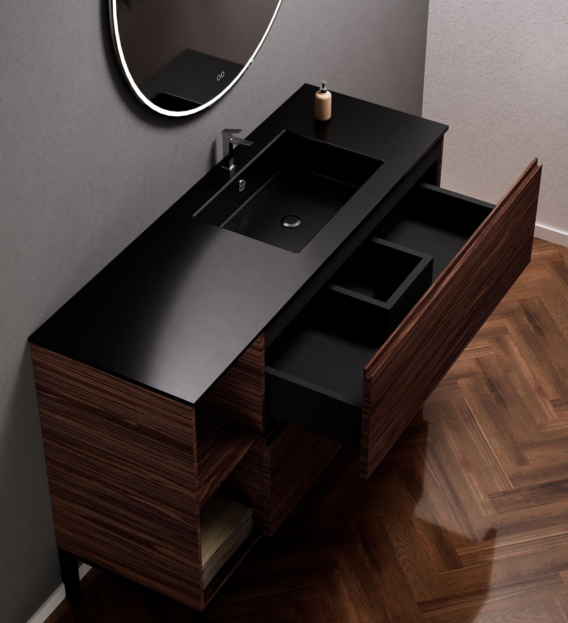 Aurora Single Set With Supporting Legs - Corian Sink & Countertop with 2 Drawers Vanity & Side Shelves - ROVALUX