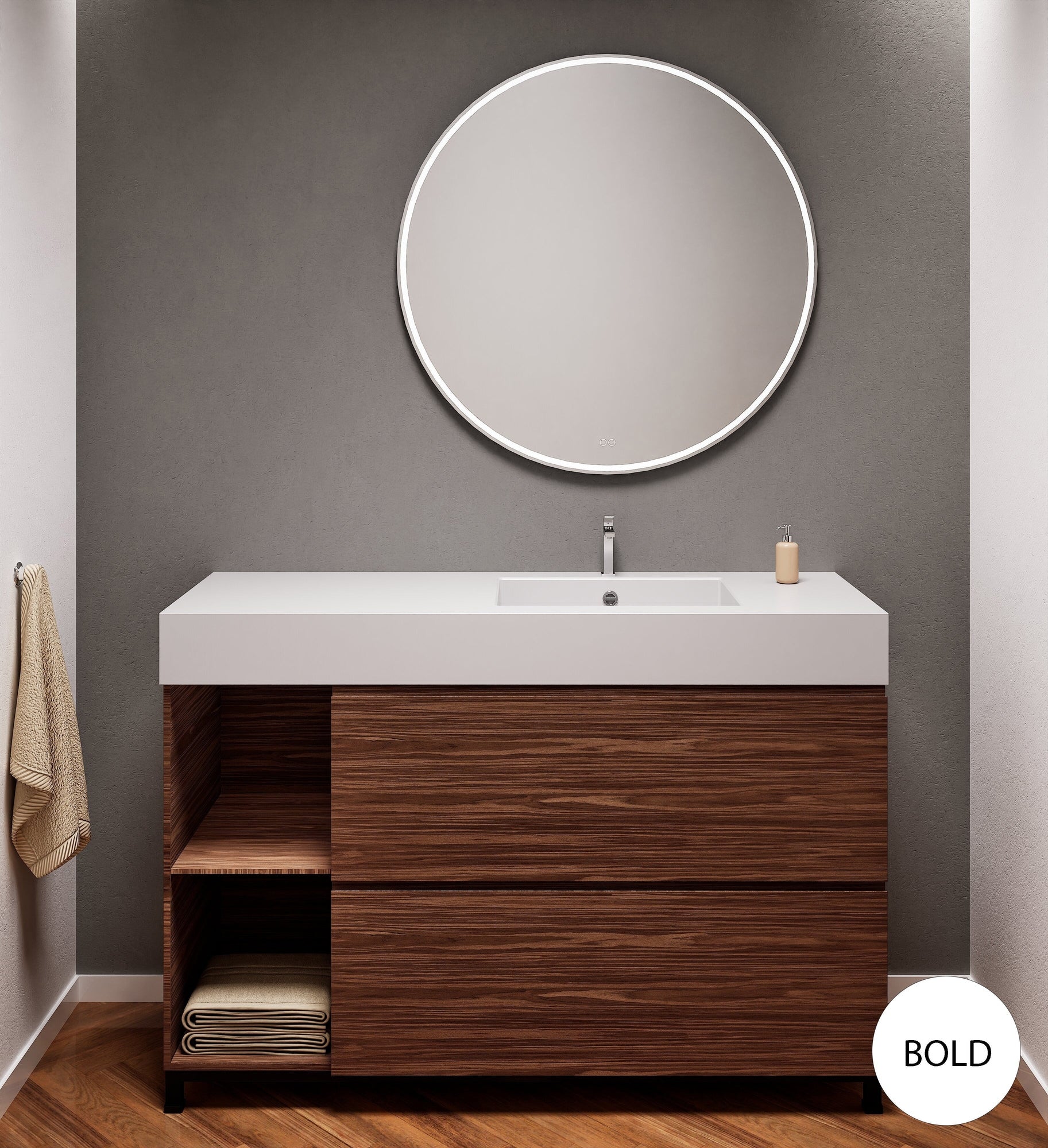 Aurora Single Set With Supporting Legs - Corian Sink & Countertop with 2 Drawers Vanity & Side Shelves - ROVALUX
