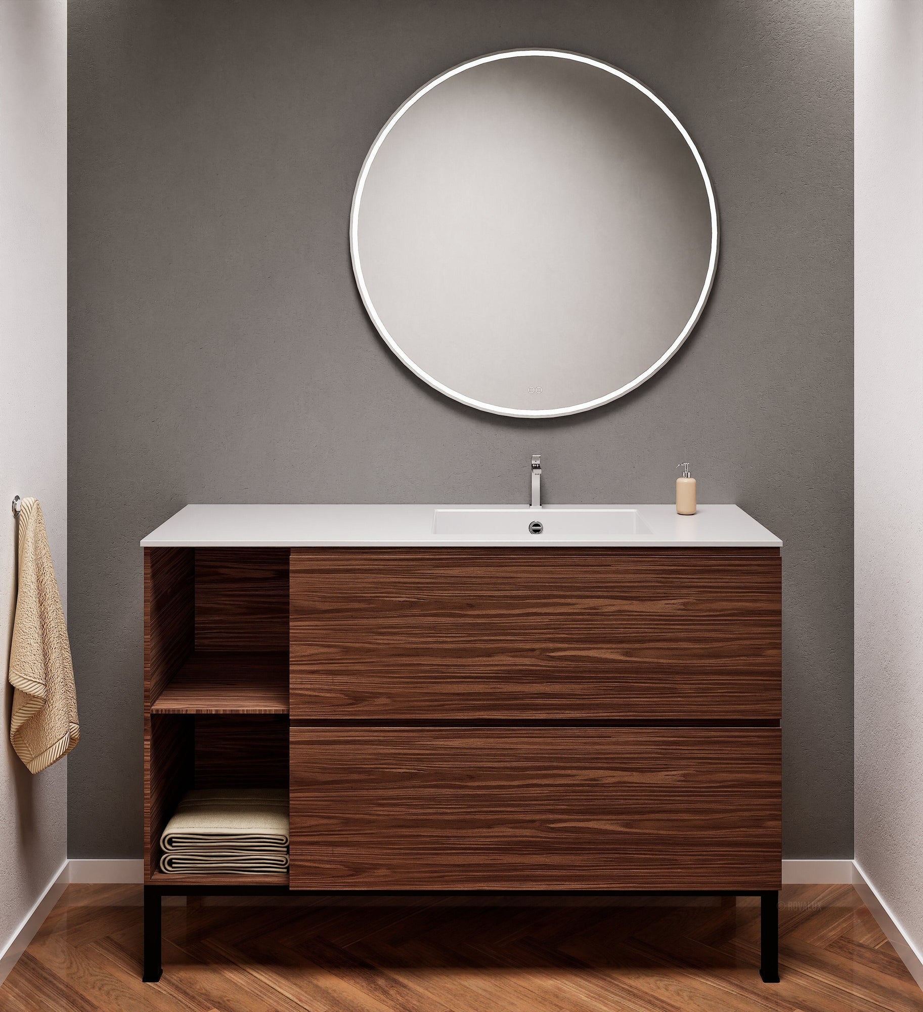 Aurora Single Set With Supporting Legs - Corian Sink & Countertop with 2 Drawers Vanity & Side Shelves - ROVALUX