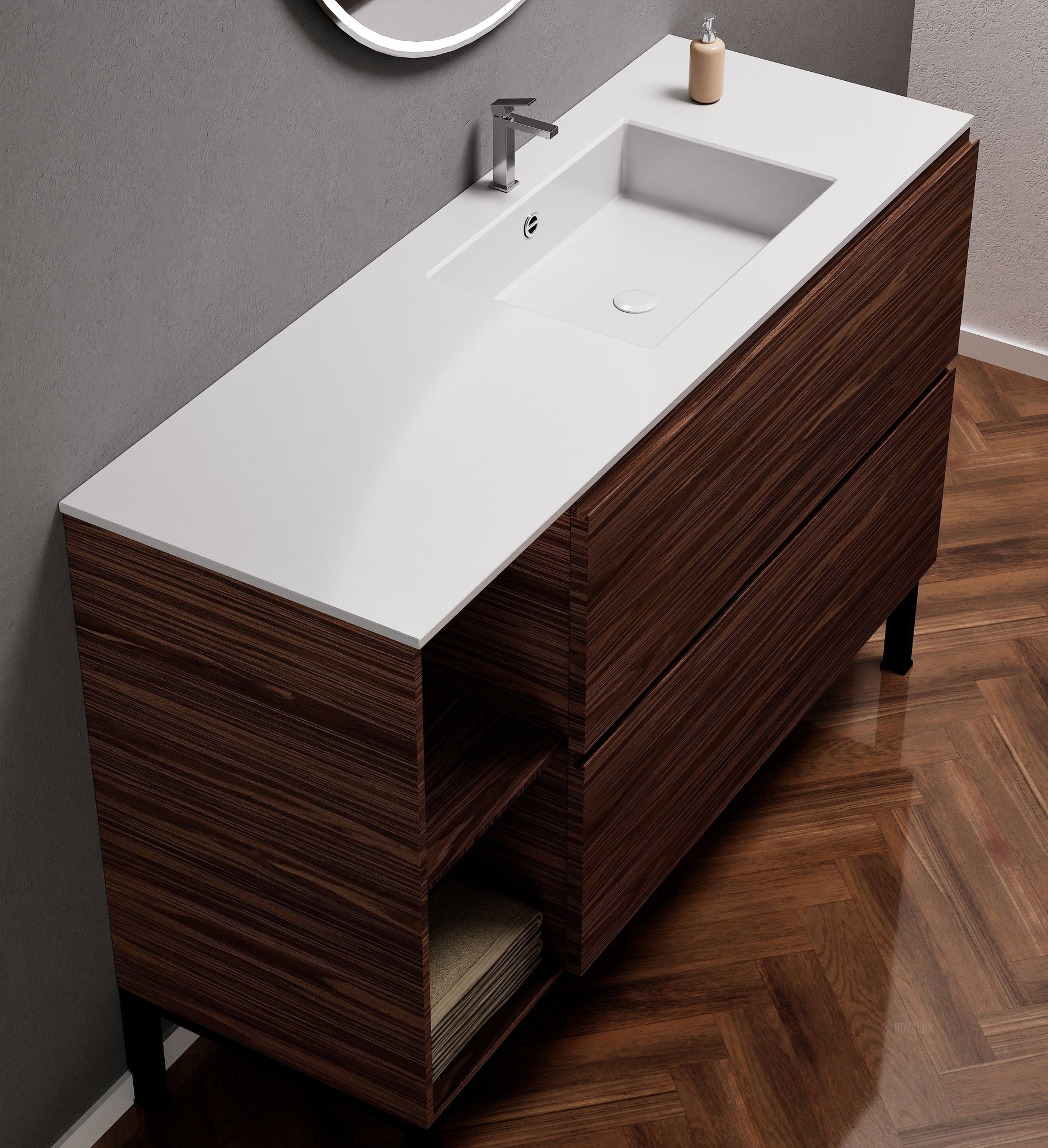 Aurora Single Set With Supporting Legs - Corian Sink & Countertop with 2 Drawers Vanity & Side Shelves - ROVALUX