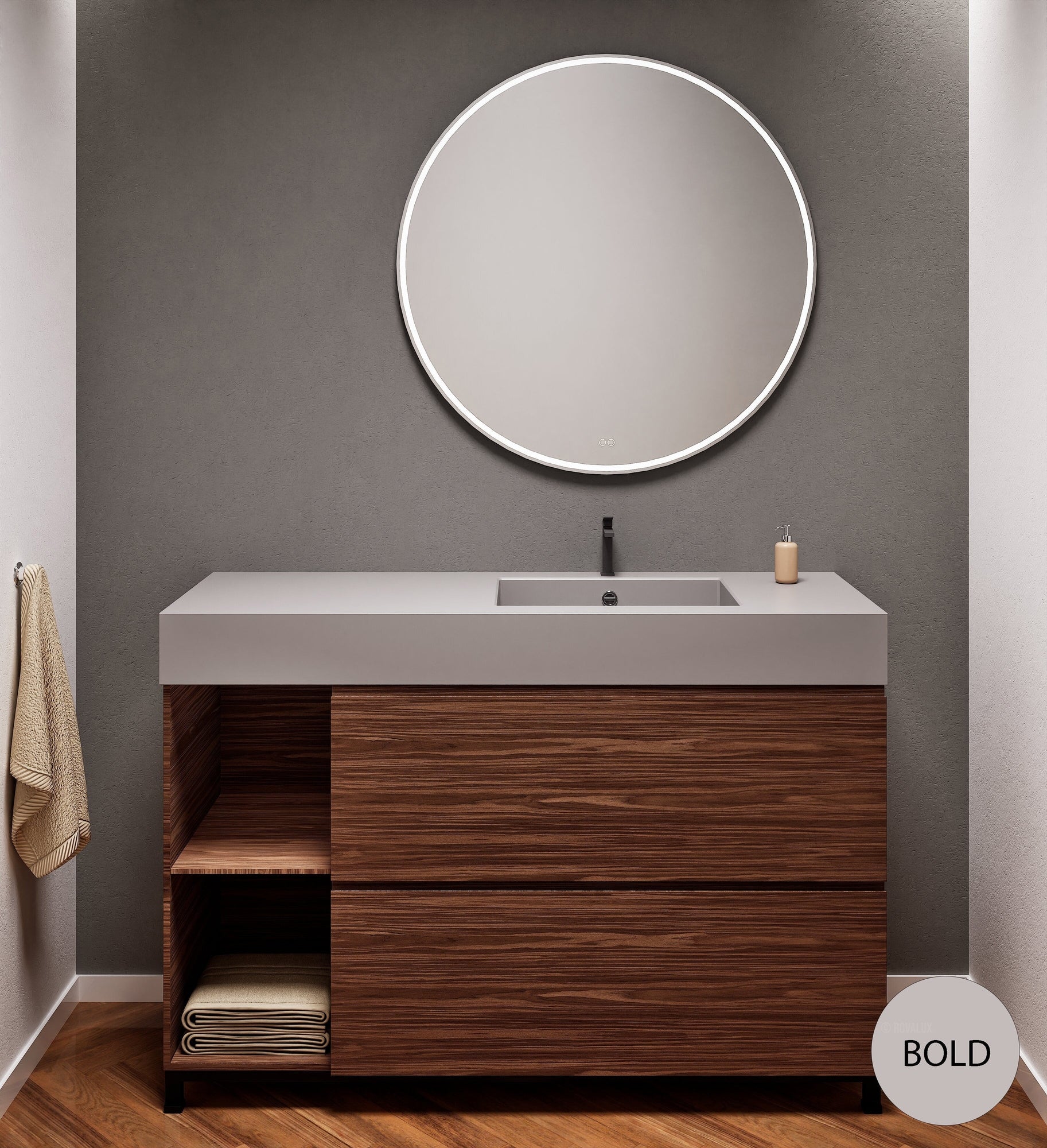 Aurora Single Set With Supporting Legs - Corian Sink & Countertop with 2 Drawers Vanity & Side Shelves - ROVALUX