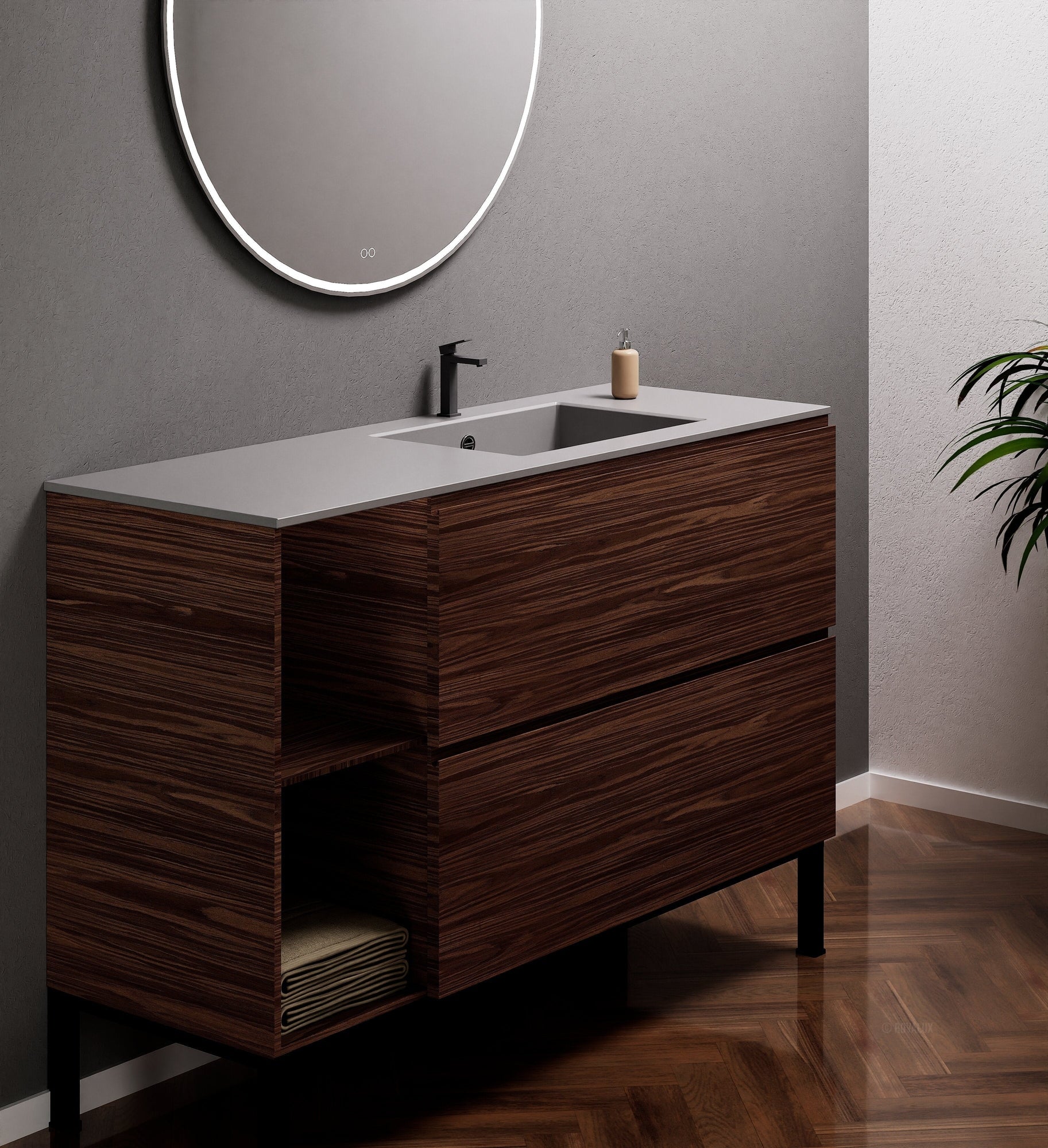 Aurora Single Set With Supporting Legs - Corian Sink & Countertop with 2 Drawers Vanity & Side Shelves - ROVALUX
