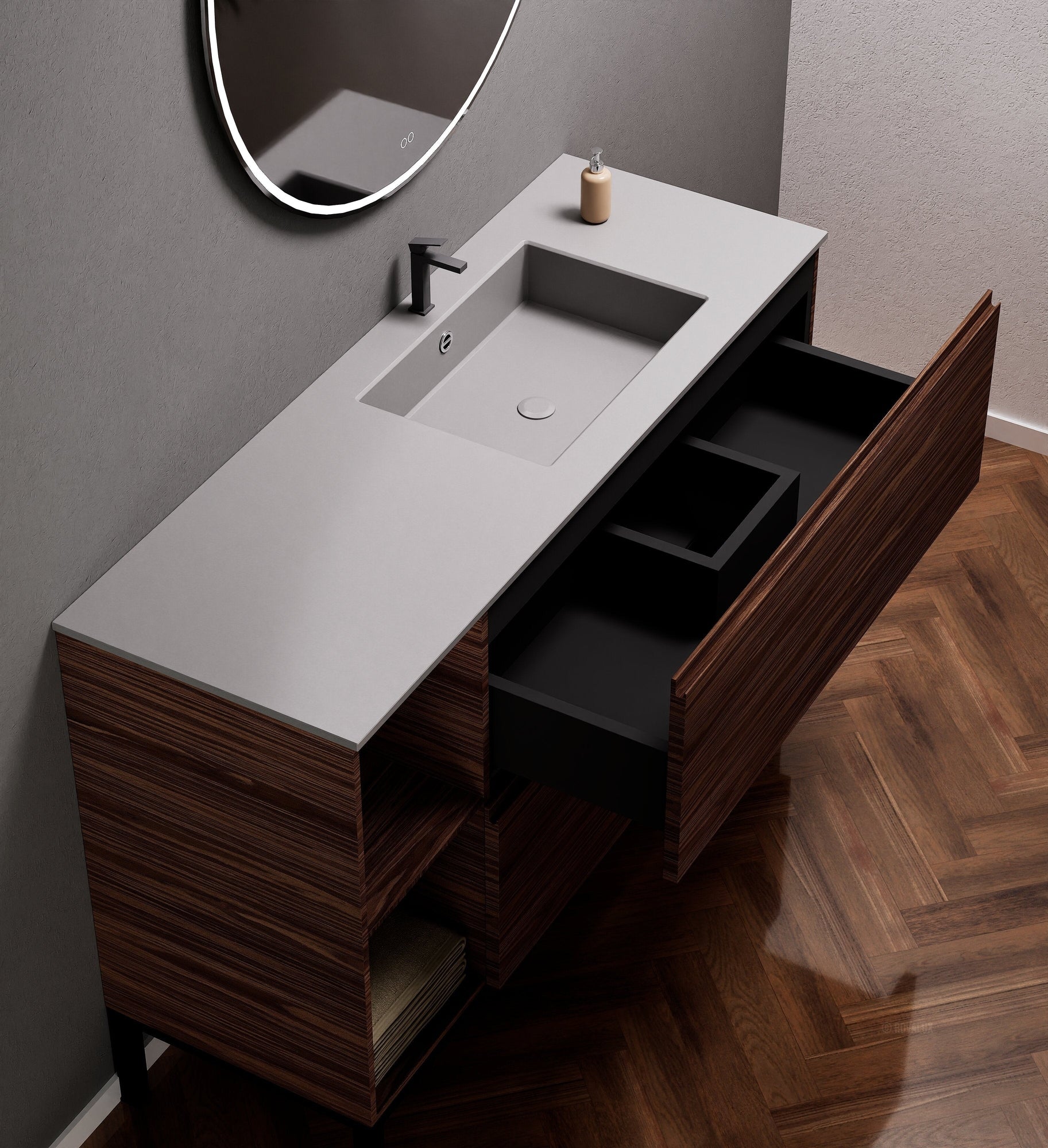 Aurora Single Set With Supporting Legs - Corian Sink & Countertop with 2 Drawers Vanity & Side Shelves - ROVALUX